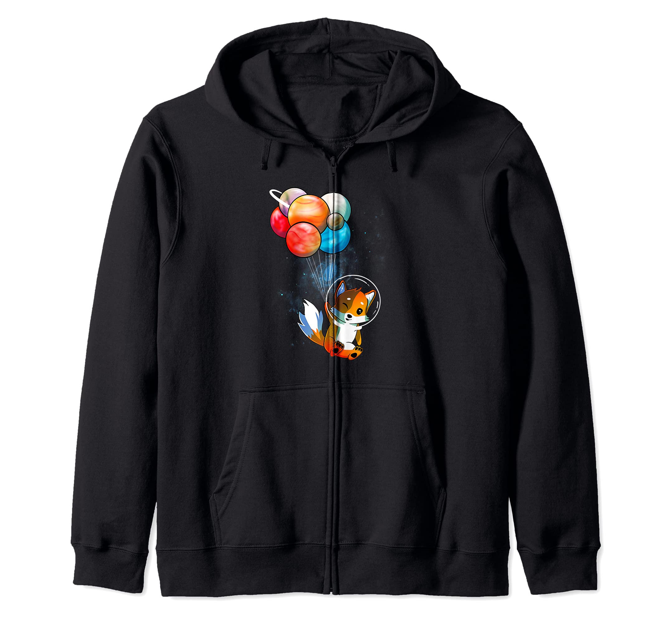 Funny Outer Space Fox Balloon Planets Space Travel Universe Zip Hoodie, Black