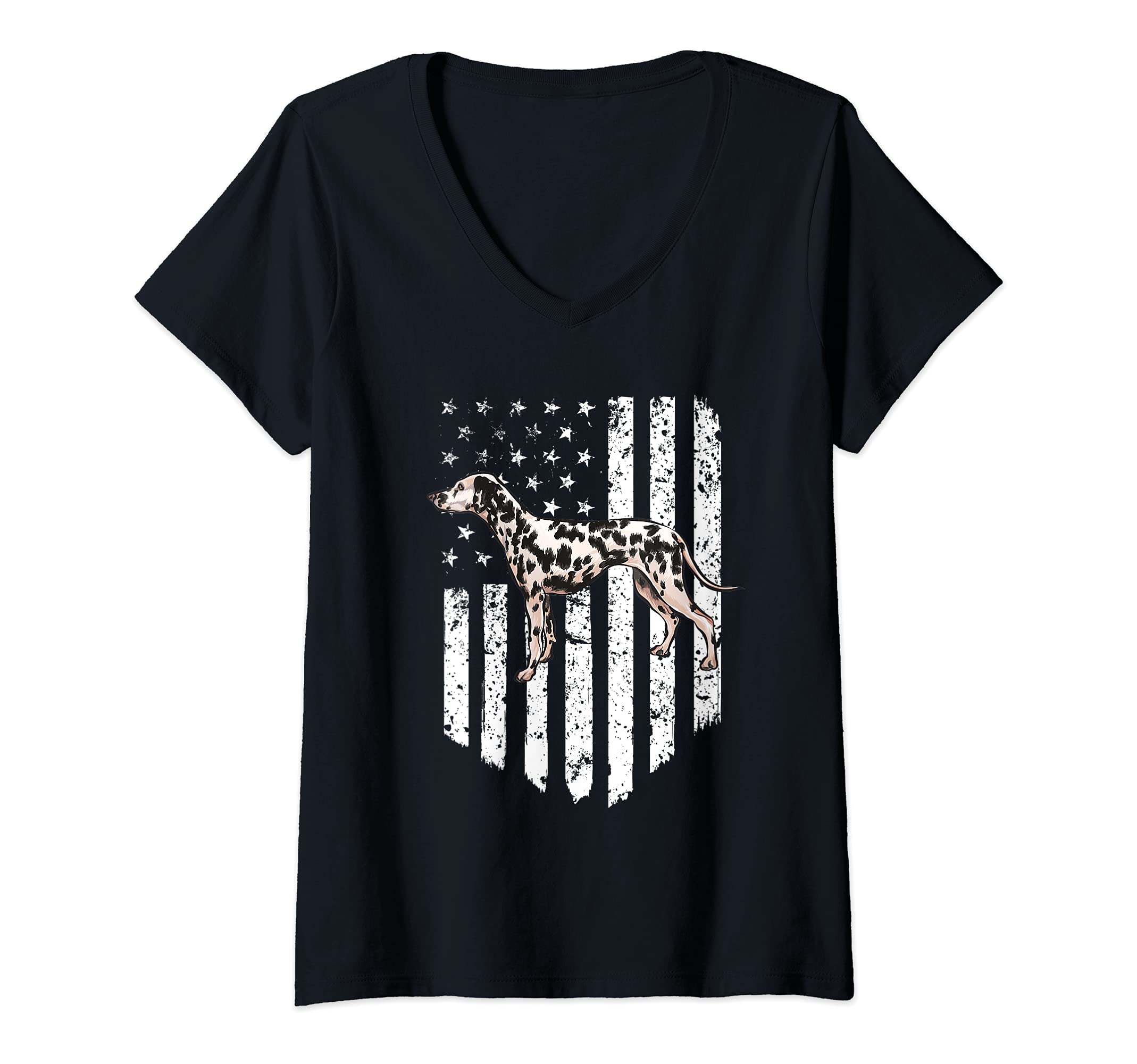 Womens Black White American Flag Dalmatian 4th Of July USA V-Neck T-Shirt