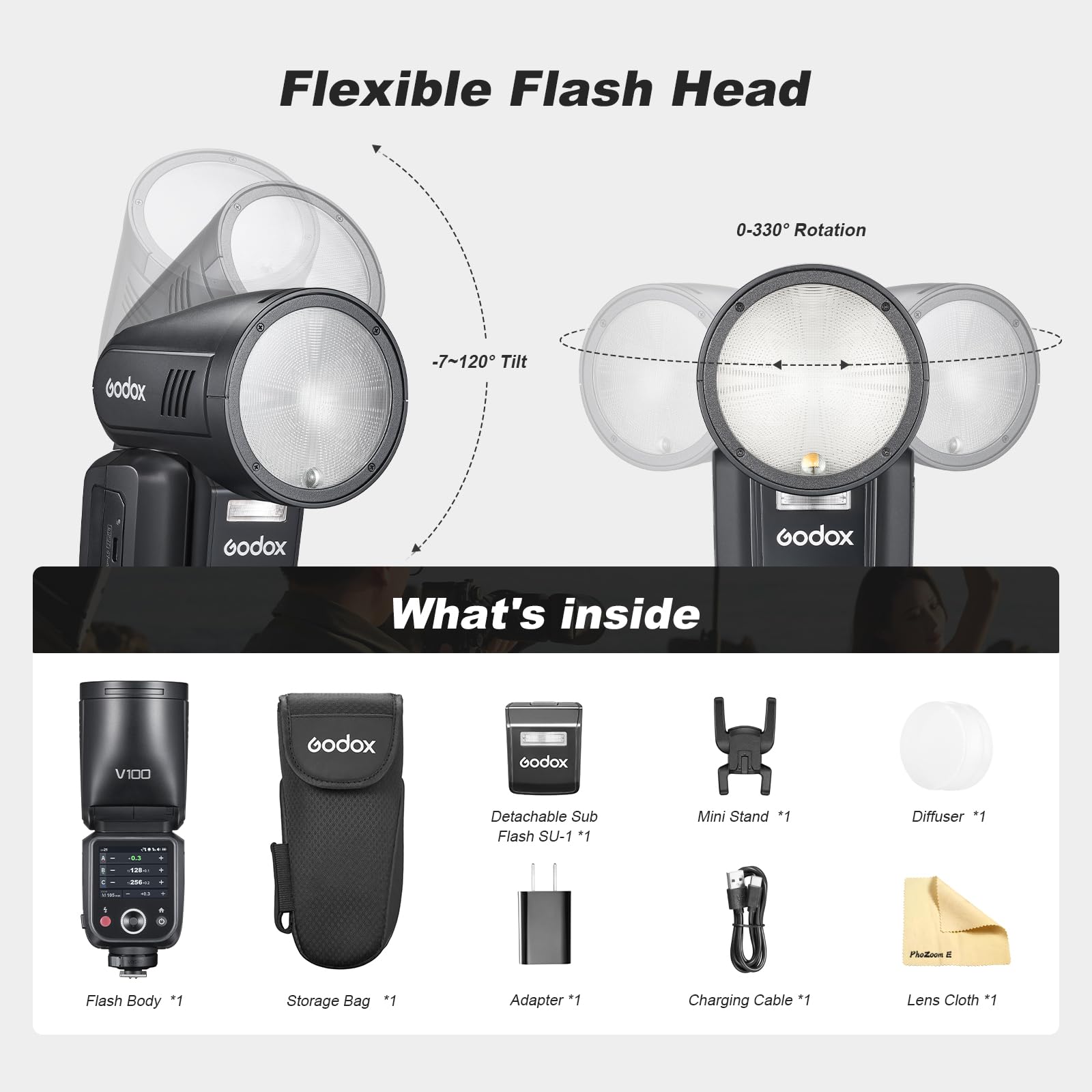 Godox V100-O V100 O Testa Rotonda Fotocamera Flash Camera FLash 2.4G Wireless TTL Speedlight Strobe 100Ws HSS 1/8000s con Batteria Agli Ioni di Litio per Fotocame Olympus