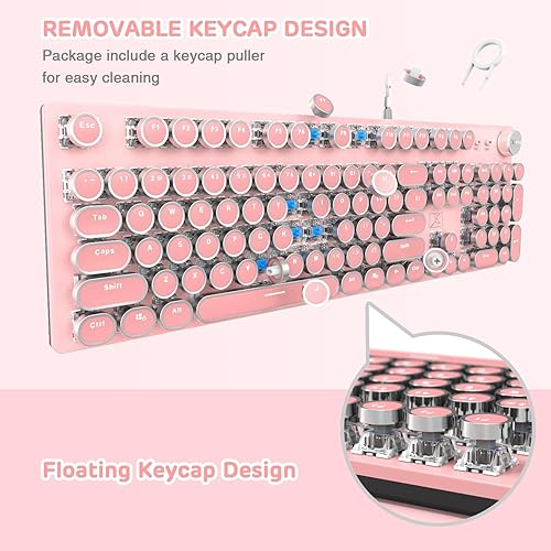Miniatura 7 de Teclado mecánico retro con cable para juegos, estilo máquina de escribir, steampunk vintage con retroiluminación LED blanca, interruptor azul