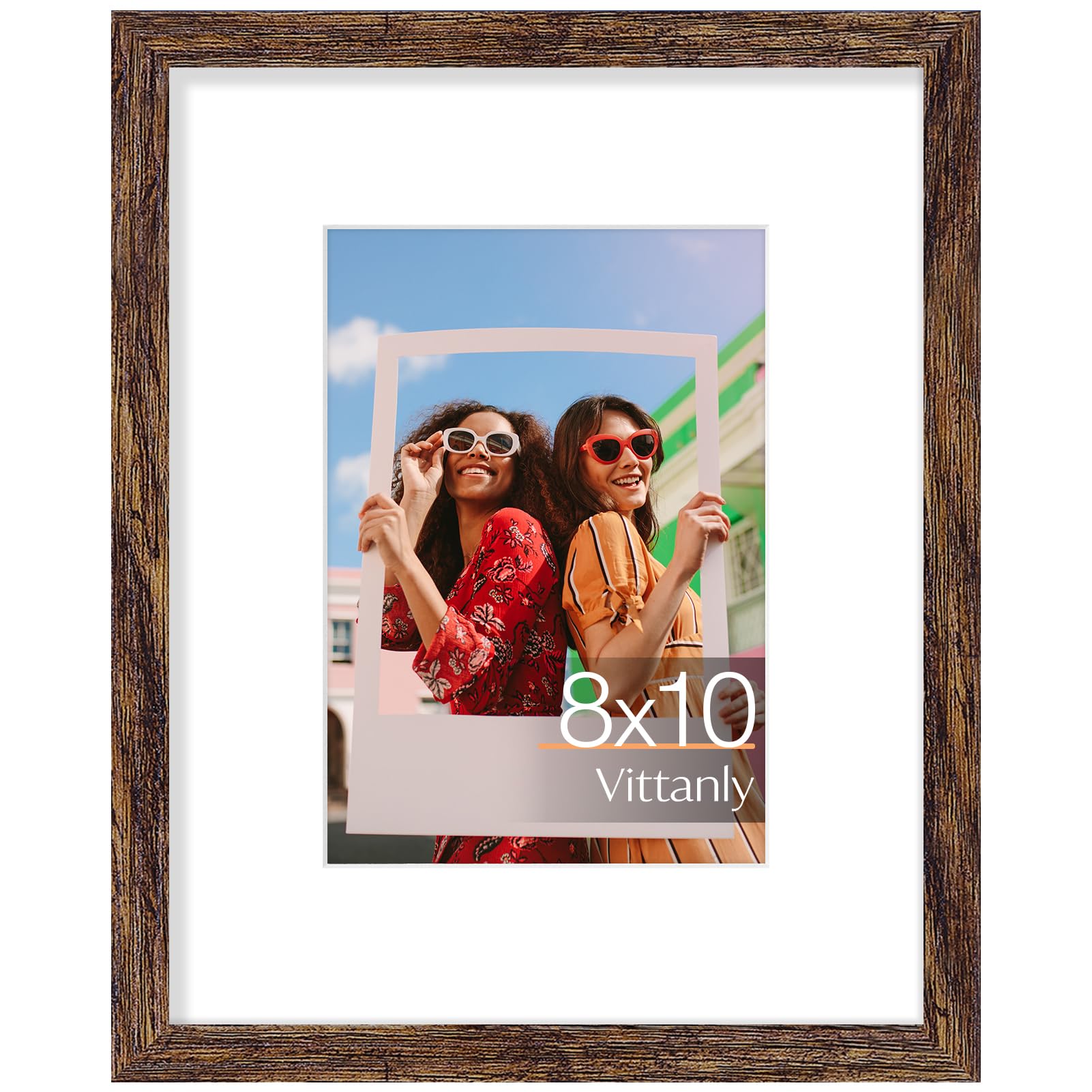 Vittanly 8x10 Picture Frame, Display Pictures 5x7 with Mat or 8x10 without Mat, Premium Material with Shatter Resistant Plexiglass, Photo Frame for Wall or Table Top Display, Rustic Brown, 1 Pack — image 1