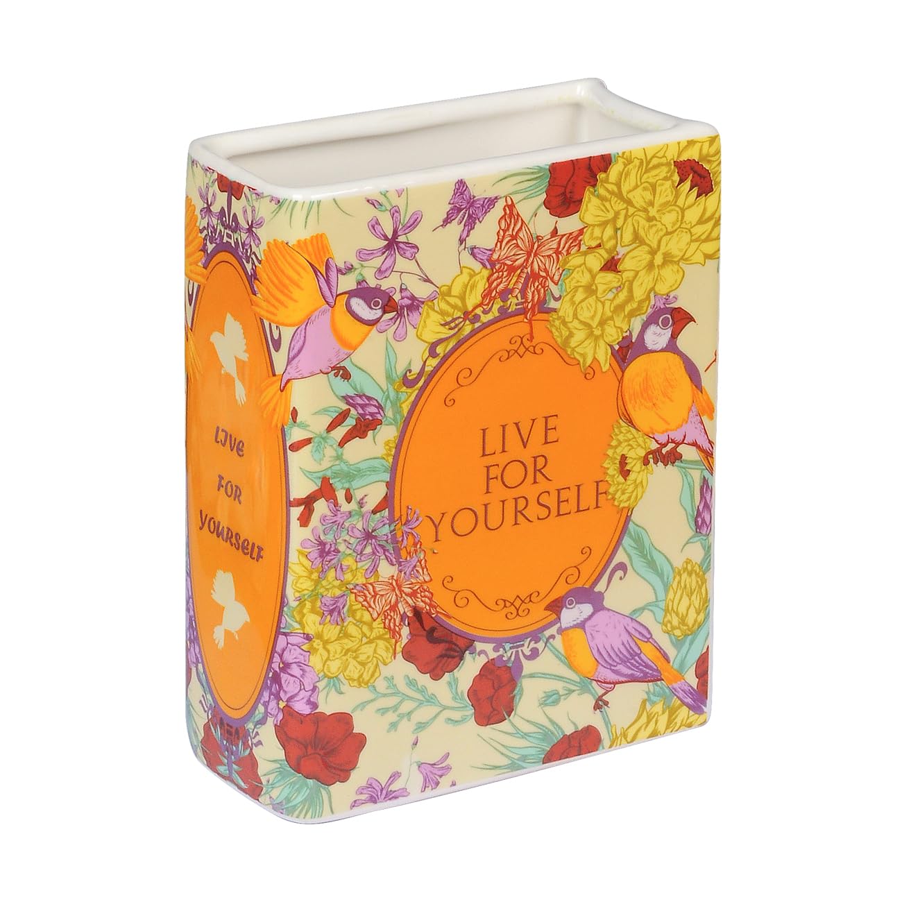 Book Shaped Vase - Unique Vintage Bird Flower Decor for Book Lovers - Large Ceramic Utensil Holder for Kitchen Counter or Bookshelf