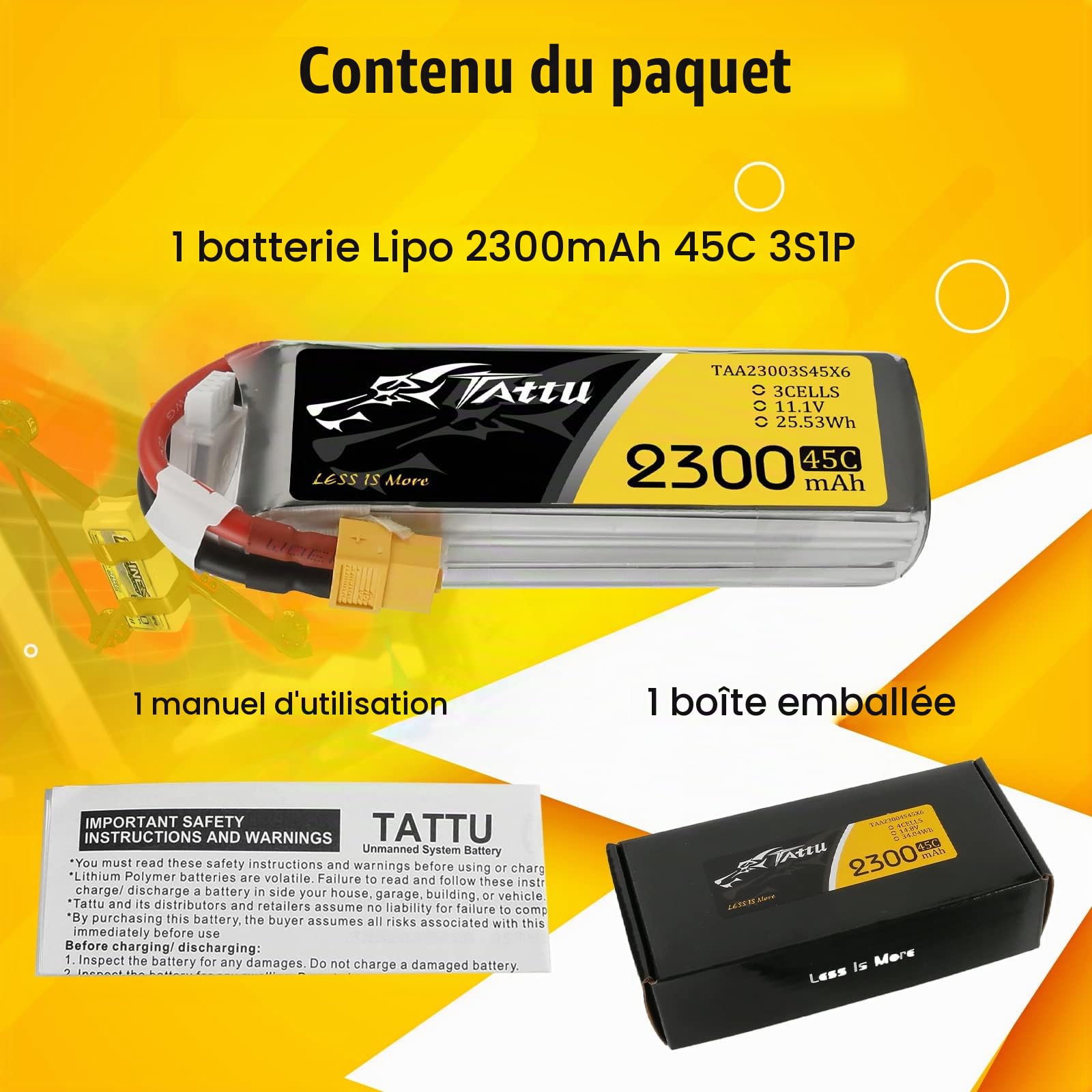 Tattu Batterie lipo 3s 2300mAh 11.1V 45C 3S pour FPV Racing Quadricoptère Racing Diverse Avions d'hélicoptère Drone et maquettes de Bateaux