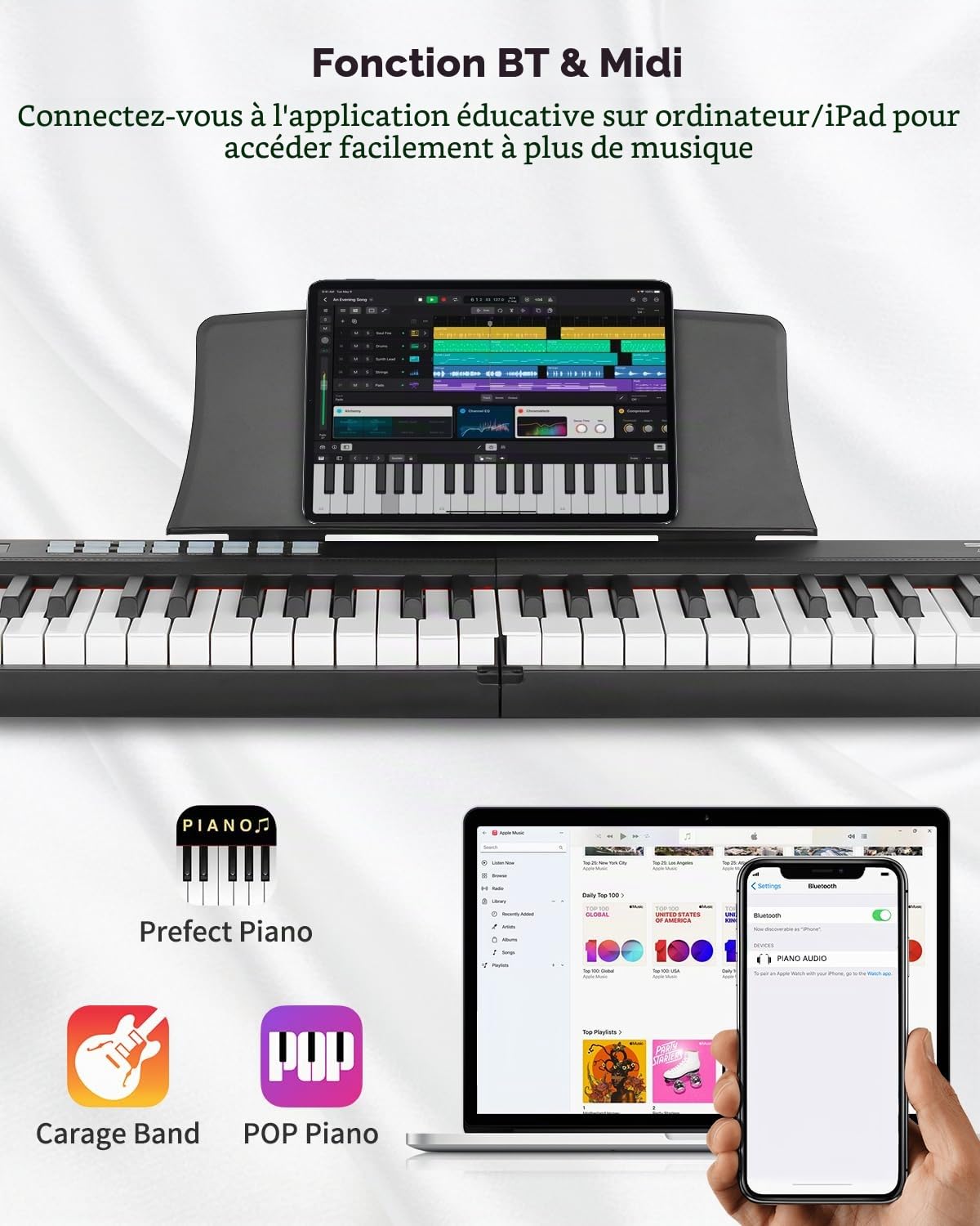 STRICH Piano numérique pliable à 88 touches avec touches sensibles semi-lestées, ensemble de piano électrique portable pour débutant, ensemble avec pédale de sustain, écouteurs, repose-musique, SEP