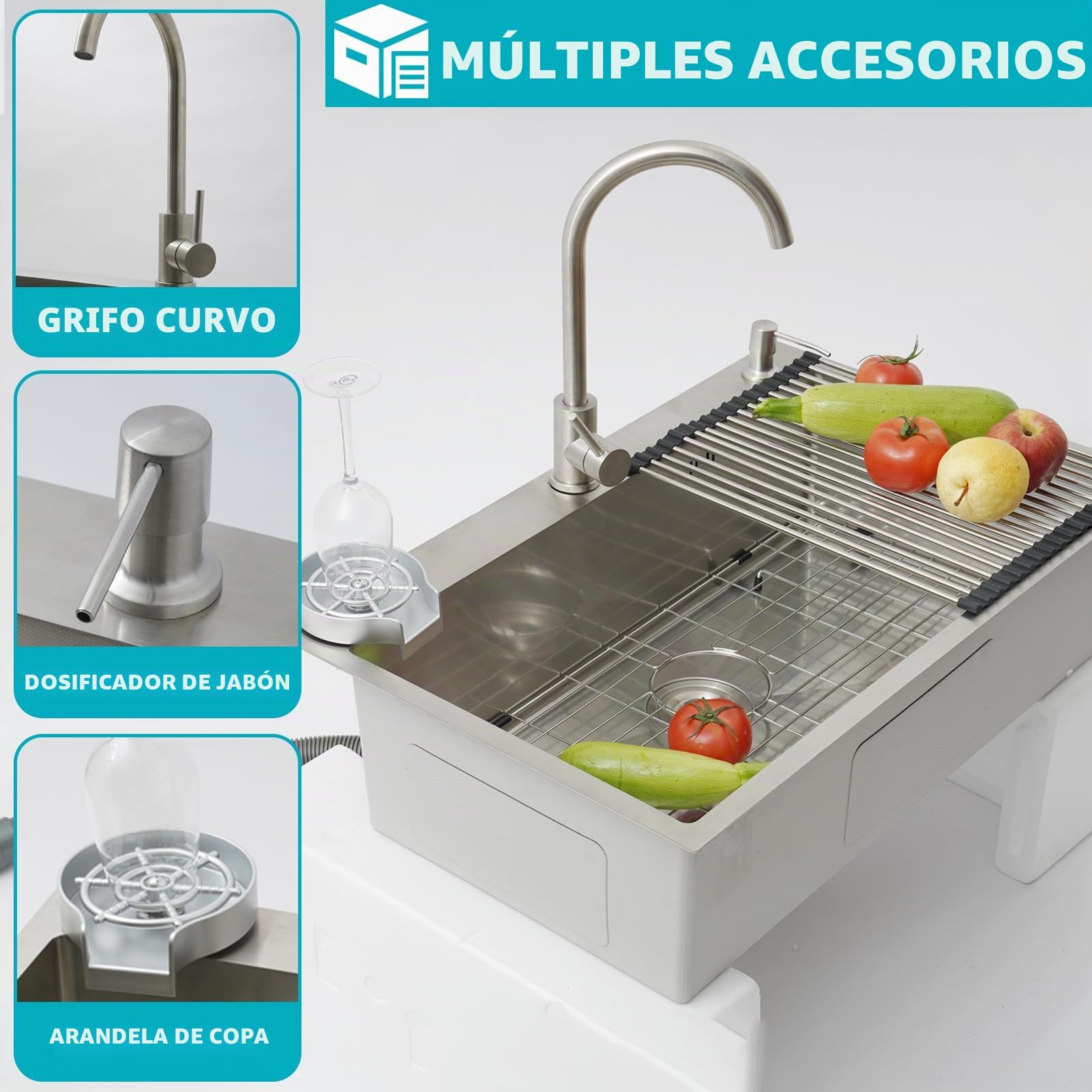 Fregadero de Cocina Profesional 80x50 de Acero Inoxidable Cepillado, Seno Único para Encimera o Empotrable, con Grifo, Escurridor, Estante, Dispensador de Jabón y Sifón - Moderno y Grande