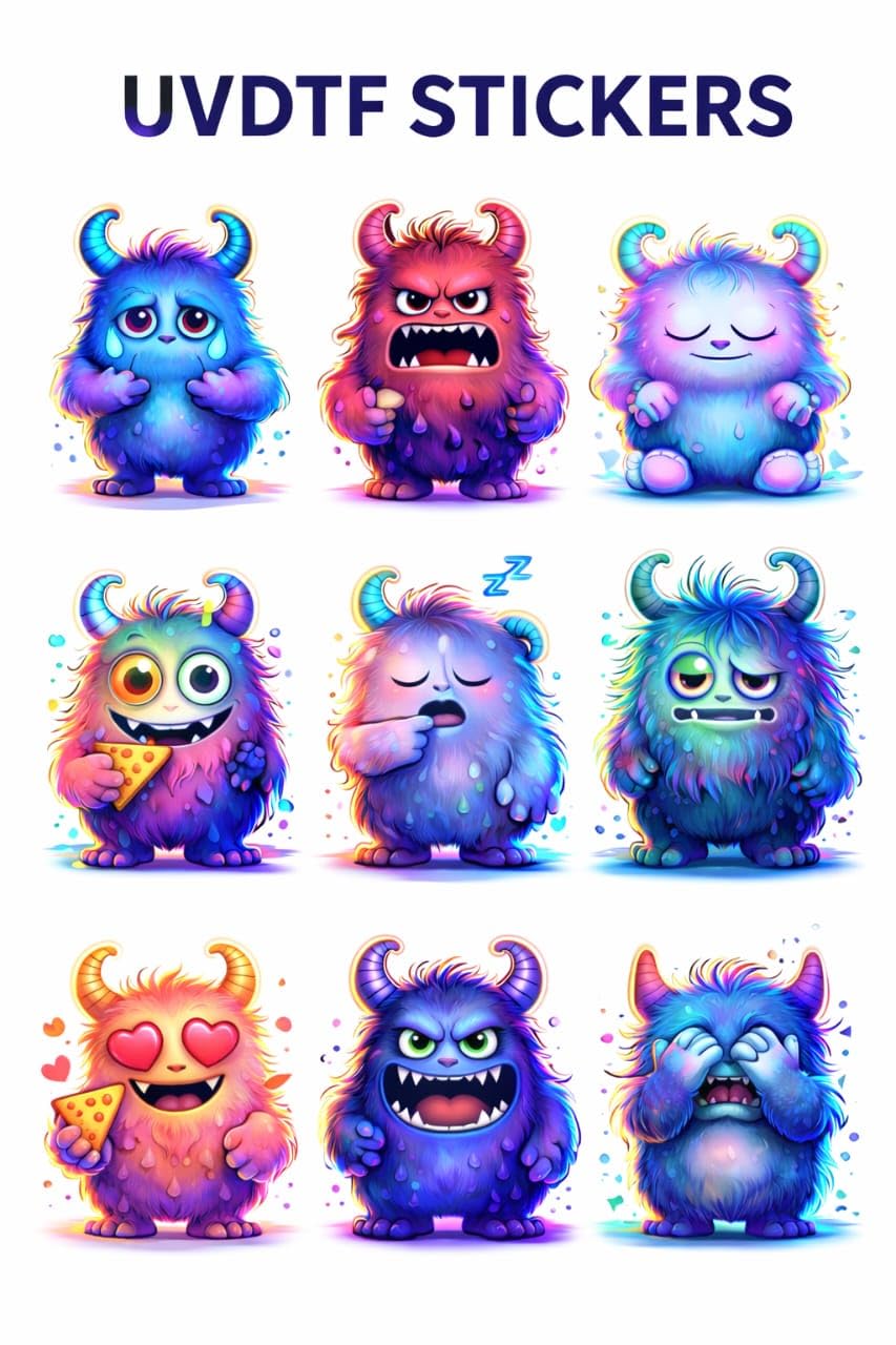 UV DTF Cup Wraps Transfer Sticker, Cute Monster Theme, Waterproof Decals, 6.35x6.35 cm, Pack of 9
