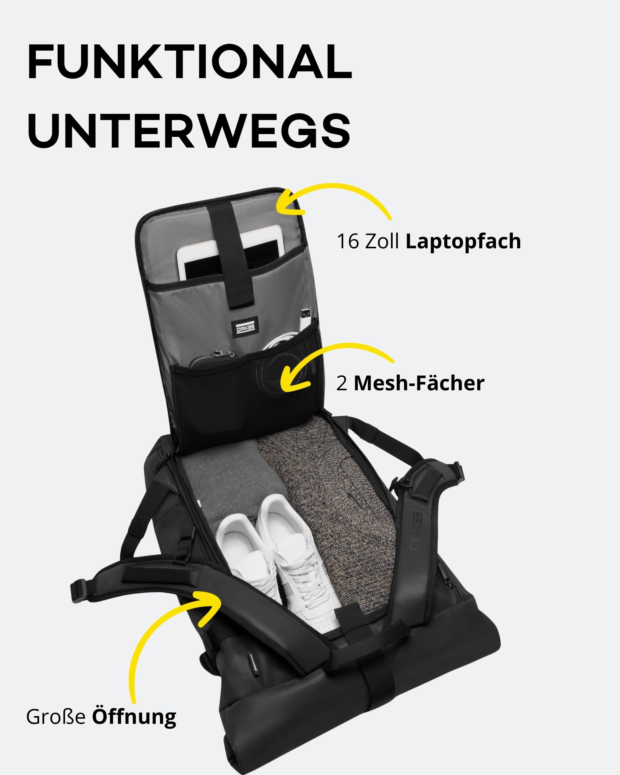 OAK25 Reflektierender Rolltop Rucksack Damen & Herren Schwarz - Luminite Rolltop - Roll Top Backpack für Arbeit Uni Fahrrad - Laptopfach bis 16 Zoll - Tagesrucksack 23L Reflektierend
