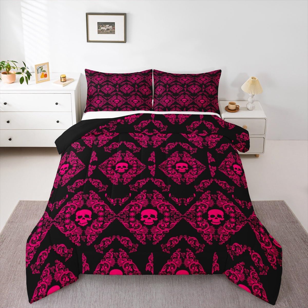 Kids Vintage Jacquard Bedding Set Toddler Size Damask Floral Duvet Quilt for Boys Girls Teens Bedroom Decor Skull Exotic Floral Comforter Set Breathable Soft Microfiber Hot Pink With 1 Pillow Case