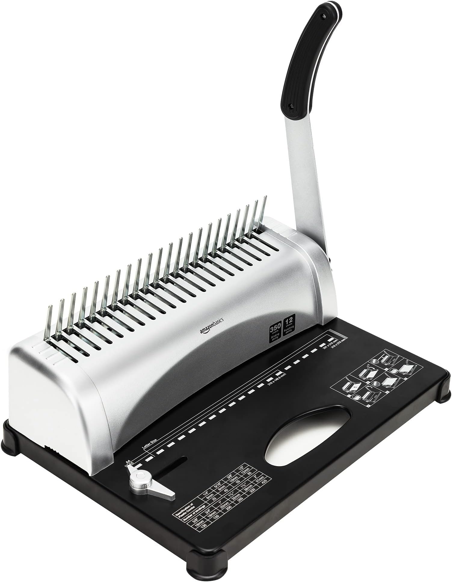 Amazon Basics Comb Binding Machine, 350 Sheets Capacity, Punches 12 Sheets, for Paper Sizes A5(15 holes)/Letter(19 holes)/A4(21 holes) with Adjustable Margin, Grey
