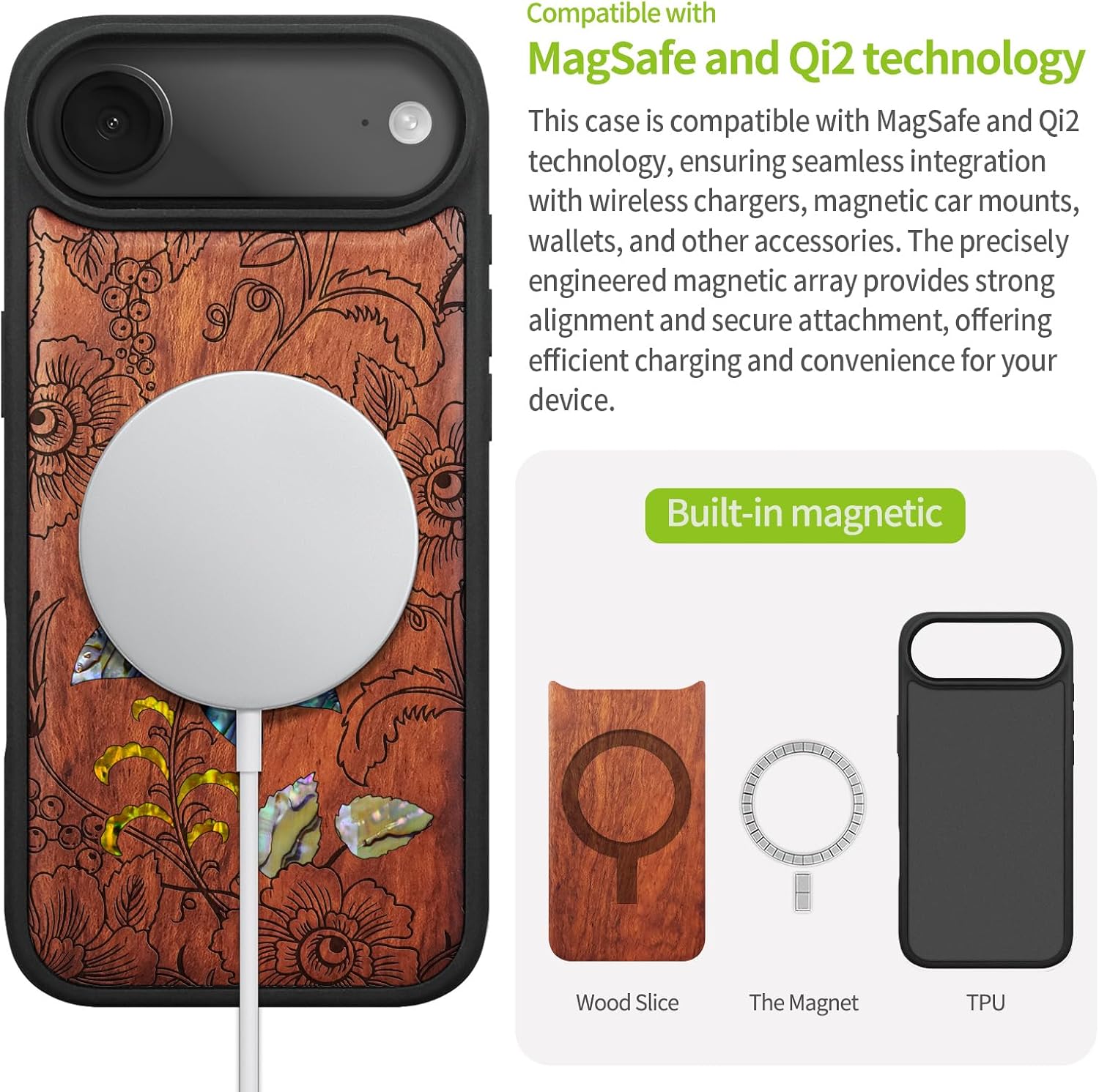Carveit Magnetic Case for iPhone Air Case, Wood Artisan Engraved & Handmade Shell Inlaid, TPU Shockproof Cover, Compatible with MagSafe 17 Air Wireless Chargers (Flowers and Leaves-Rosy)