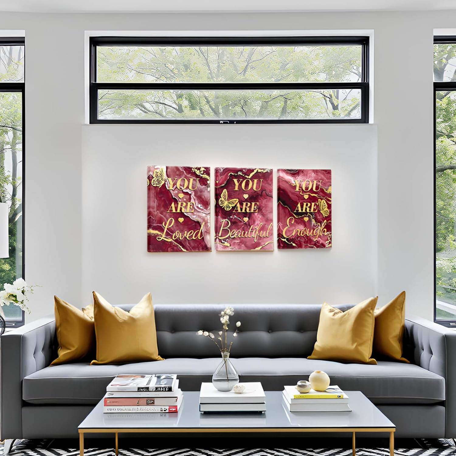 LevvArts Inspirational Wall Art You Are Loved You Are Beautiful You Are Enough Word Sign for Teen Girl Women Bedroom Motivaional Pictures Canvas Prints Red and Gold Decor (Red)
