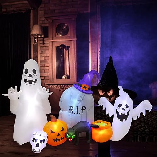 Miniatura 7 de MGparty Decoraciones inflables de Halloween de 8 pies, fantasma, gato, calabaza, decoración de Halloween al aire libre con LED integrados, inflables