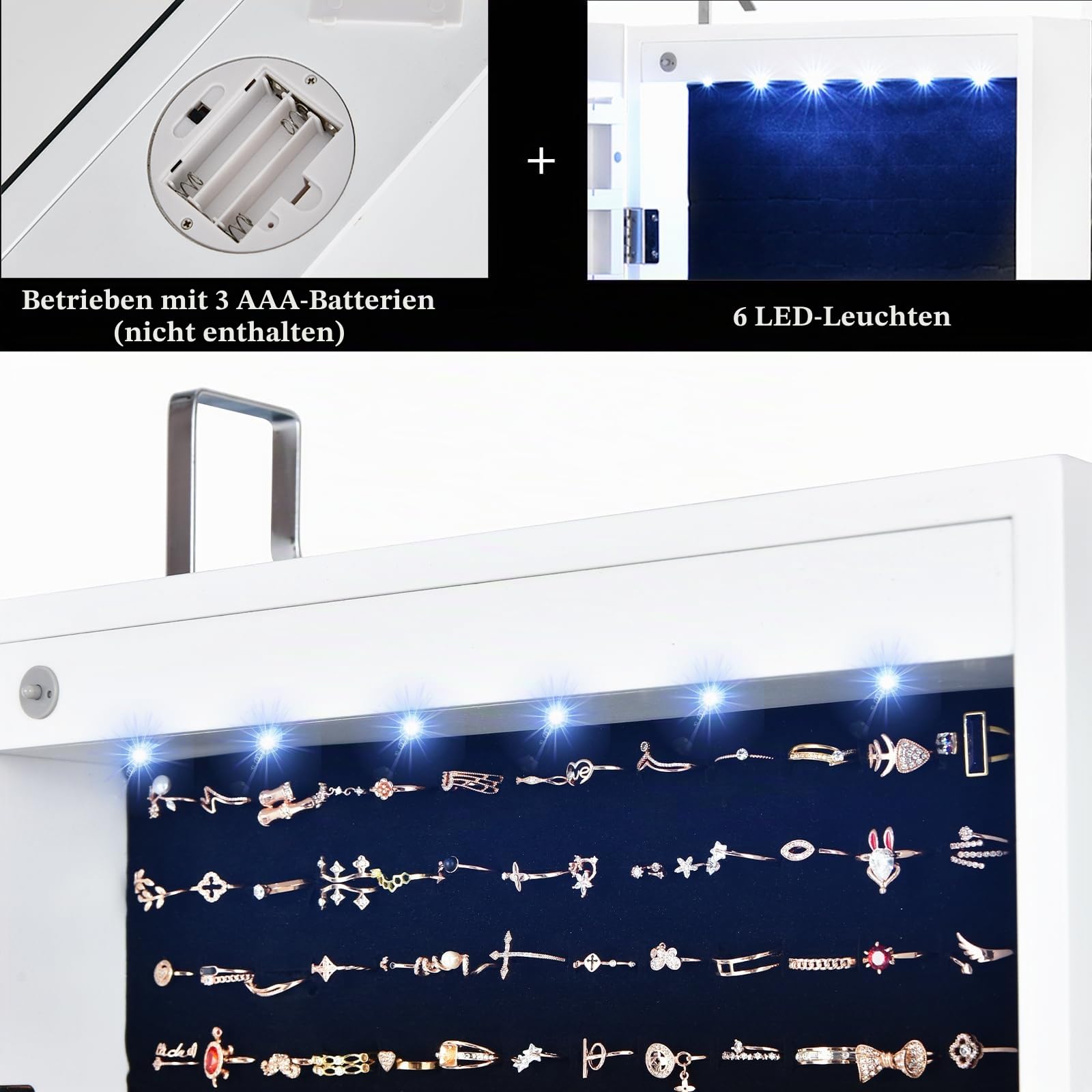 HOMASIS Schmuckschrank mit LEDs & Ganzkörperspiegel, abschließbarer Schmuckregal mit 2 Schubladen & 24 Haken zum Aufhängen für Tür & Wand, Spiegelschrank aus Holz für Schmuck, Ketten, Ohrringe, Weiß
