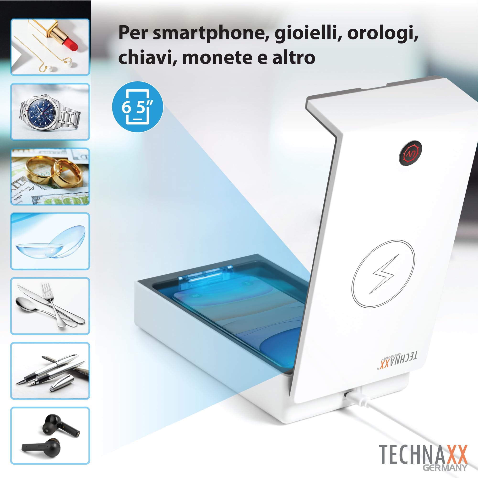 Technaxx scatola per la disinfezione a raggi UV per telefoni cellulari e oggetti TX-148 – Elimina batteri e virus fino 99,9%, comparto per oli aromatici, ricarica 5W per tutti i telefoni cellulari