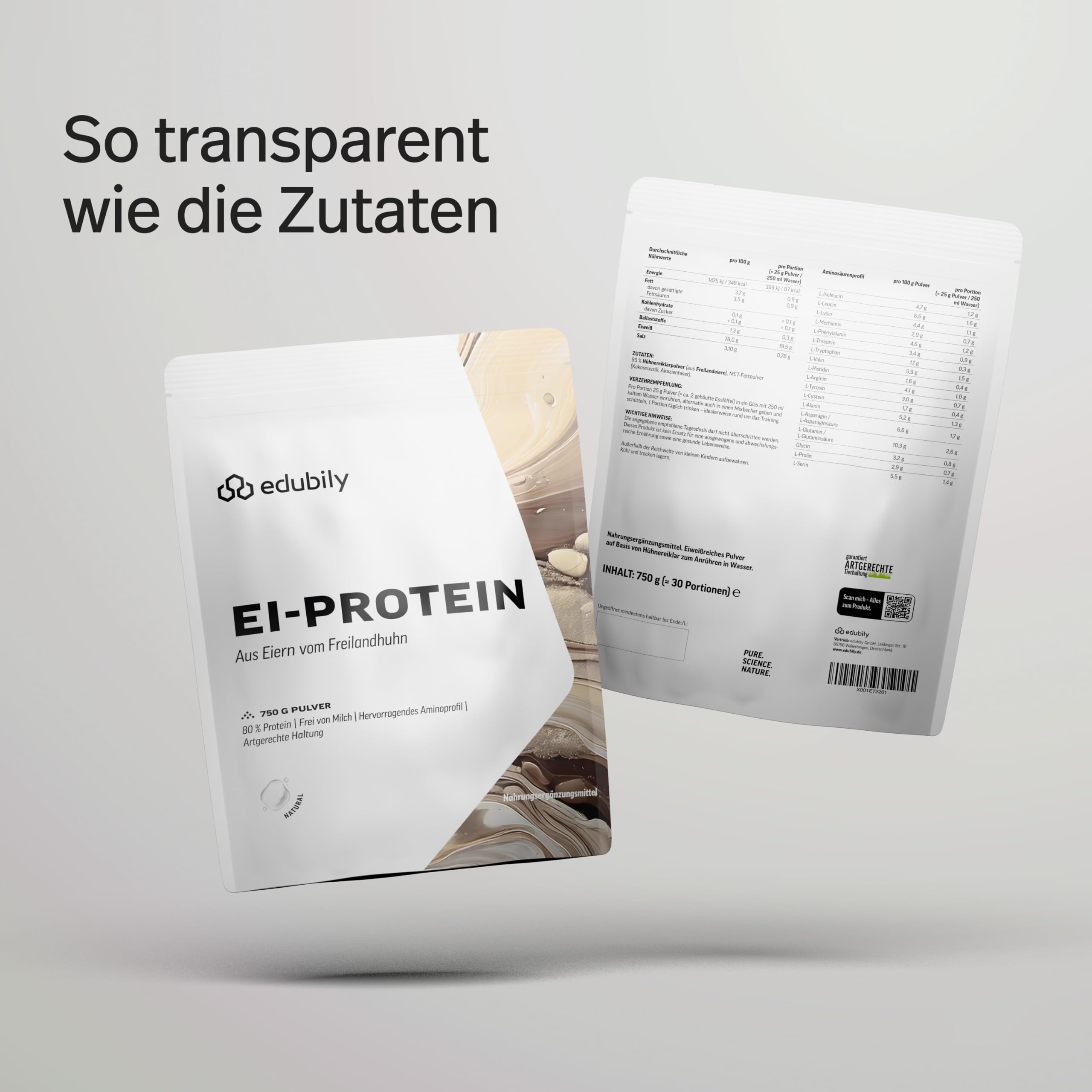 edubily® Eiklar Protein Pulver aus Freilandhaltung - Premium Eiweißpulver ohne Milch - Laborgeprüft (750 g, Ohne Aroma)