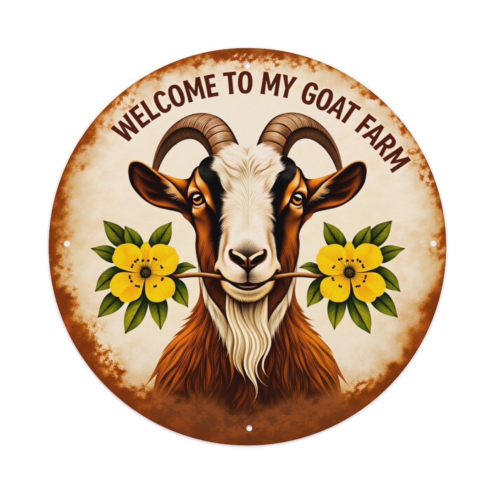 Goat With Flowers And Horns On Circular Sign Round Vintage Tin Sign,Retro Wall Art,Metal Poster for Home, Bar, Garage, Cafe, Rustic Indoor & Outdoor Decor, 8x8 Inches