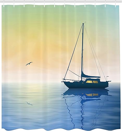 Miniatura 2 de Ambesonne Cortina de ducha oceánica, velero en SeMisty Sunset Skynd Reflections on Water Picture, juego de decoración de baño de tela con ganchos,