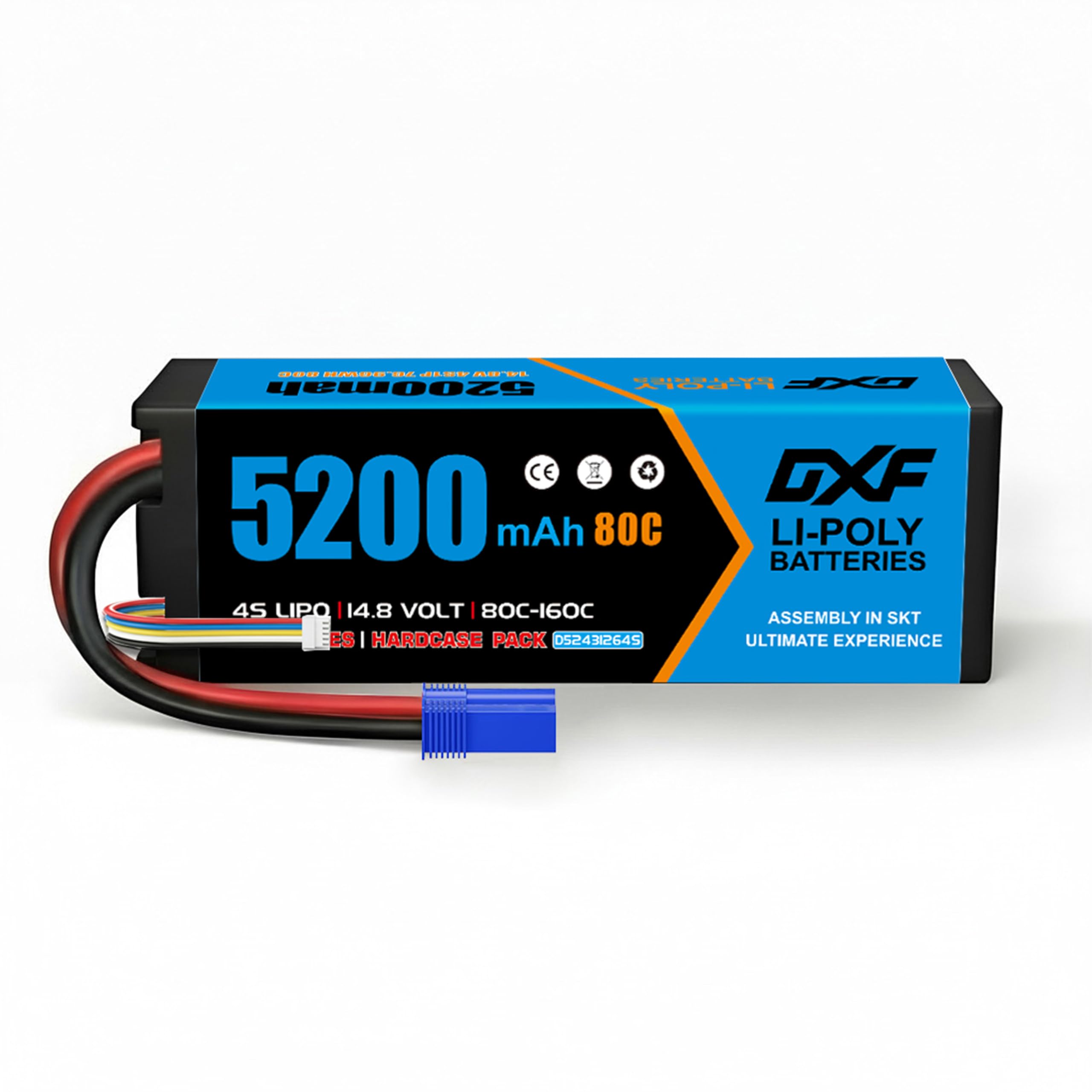 DXF Batteria LiPo 4S 14.8V 5200mAh 80C Spina EC5 Auto RC 1/8 1/10 Truck Buggy Touring Car Alte Prestazioni Compatta Leggera Potente Gare Racing Corse Modellismo 1 Pezzo