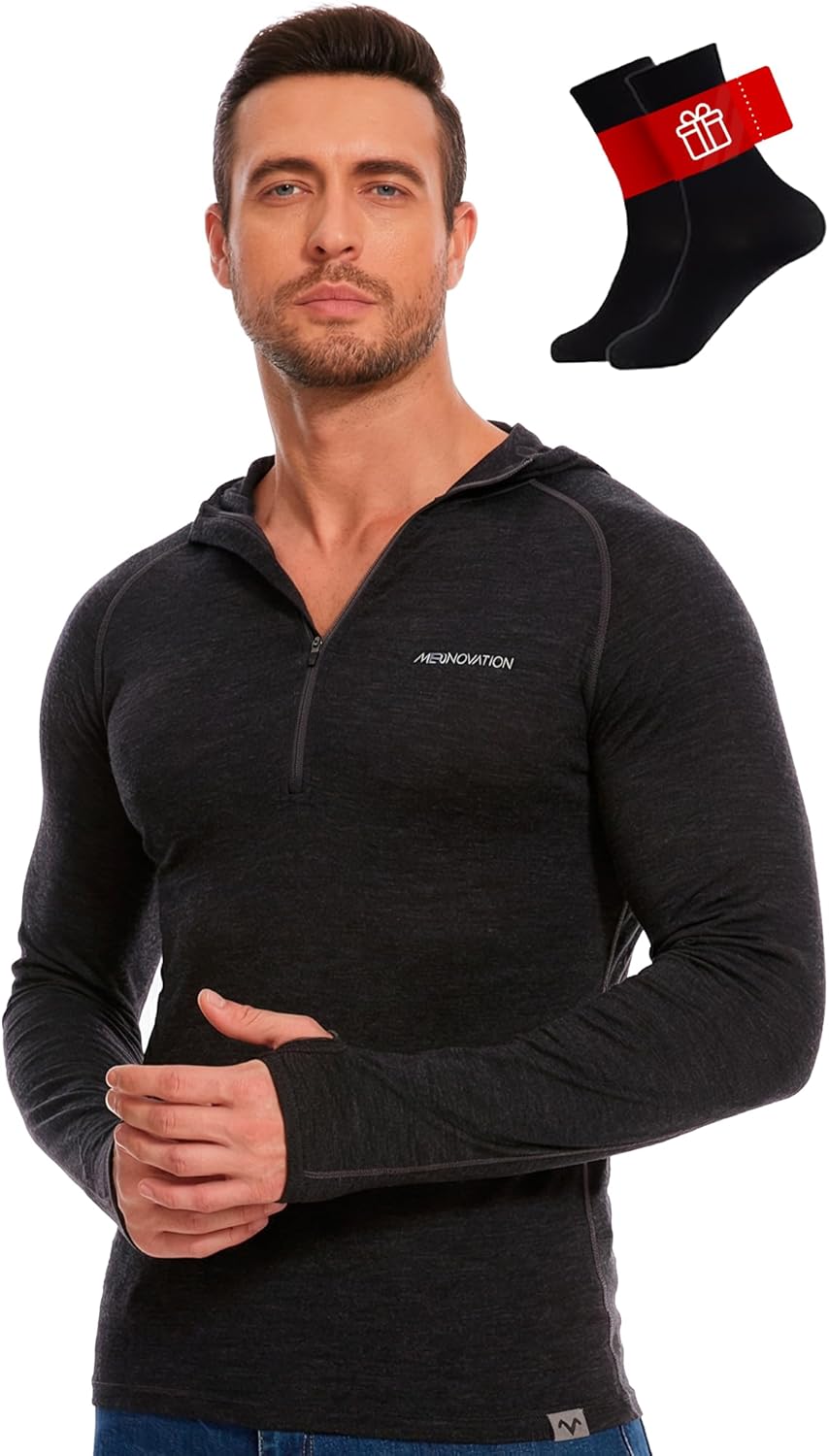 MERINNOVATION 100% Merino Wool Hoodie Men - Lightweight Base Layer Mens Thermal Long Sleeve Half Zip Sweatshirt for Hiking