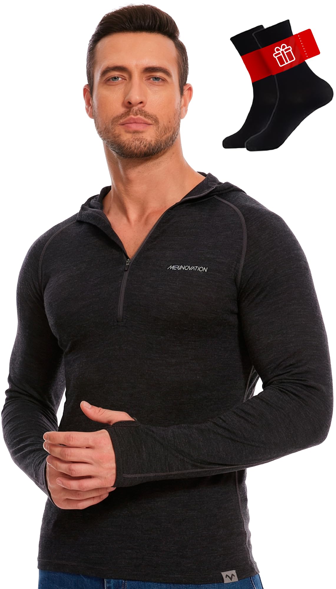 MERINNOVATION 100% Merino Wool Hoodie Men - Lightweight Base Layer Mens Thermal Long Sleeve Half Zip Sweatshirt for Hiking