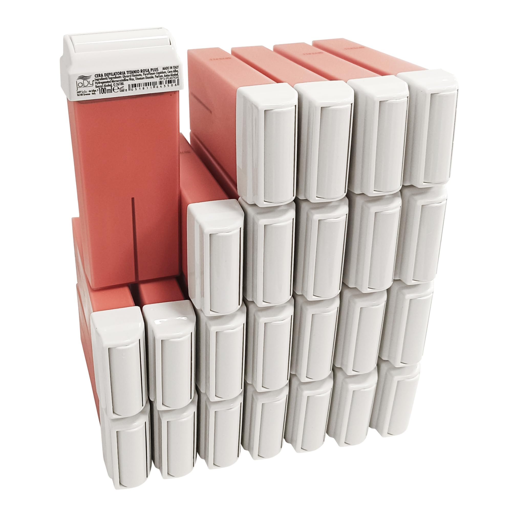 JaDy Cera Depilatoria Roll On Titanio Rosa 100 ml – Pack 24 Cartuchos – Cera Profesional para Depilación con Bandas – Piel Sensible – Uso Estética y Peluquería