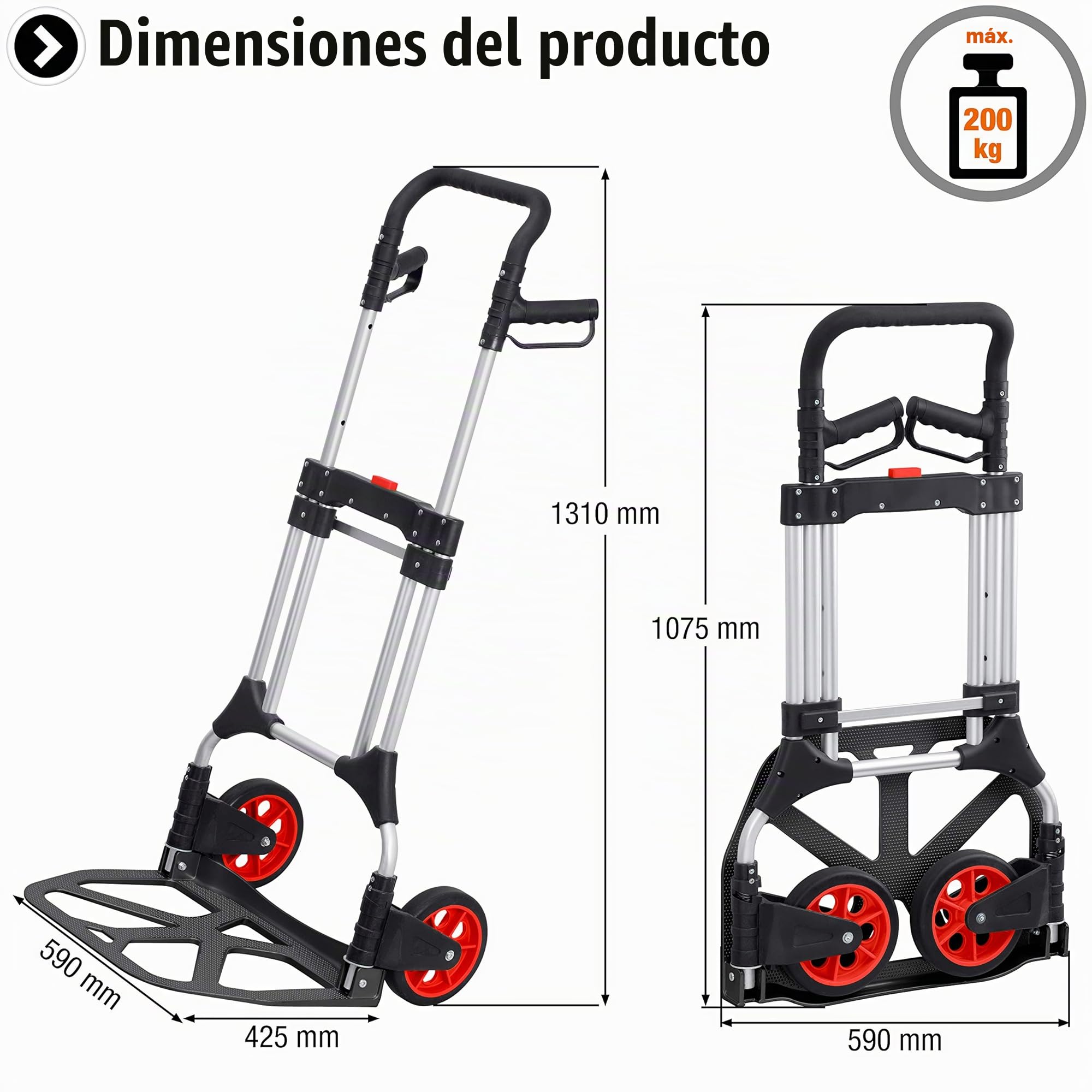 Meister 8985710 Carretilla de mano plegable de 200 kg con ruedas con mango ajustable de triple altura y gran superficie de carga con banda de rodadura de goma maciza de aluminio