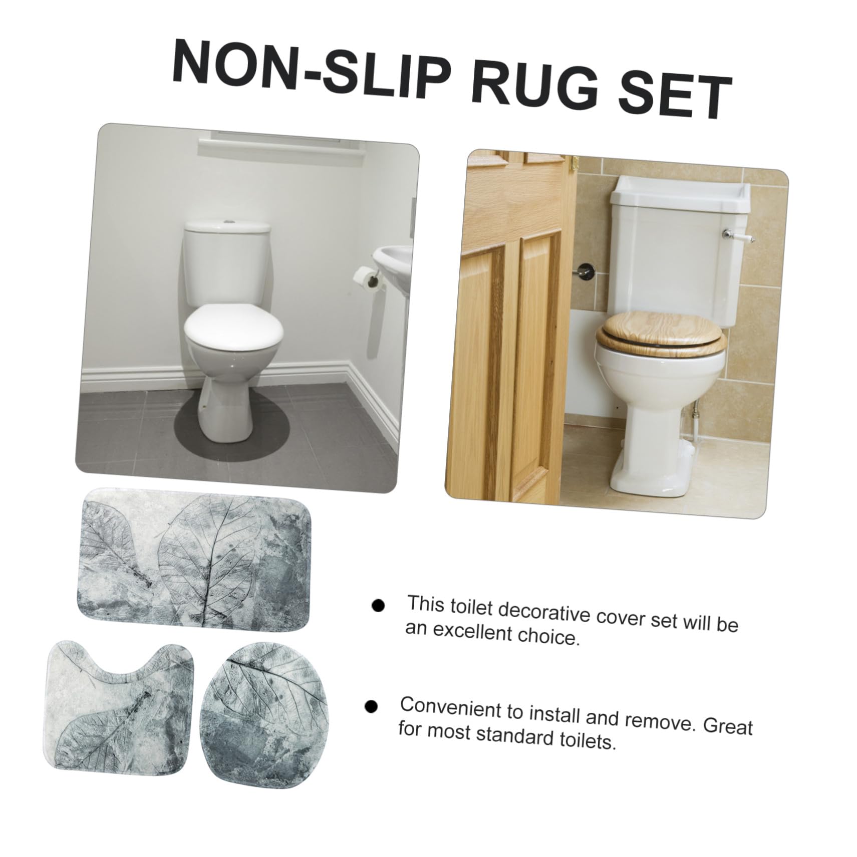 Tappeti Bagno Comodo da Installare e Rimuovere Set 3 Pezzi Stile Retrò Decorazione Foglie, Morbido Poliestere per Ogni Occasione in Bagno