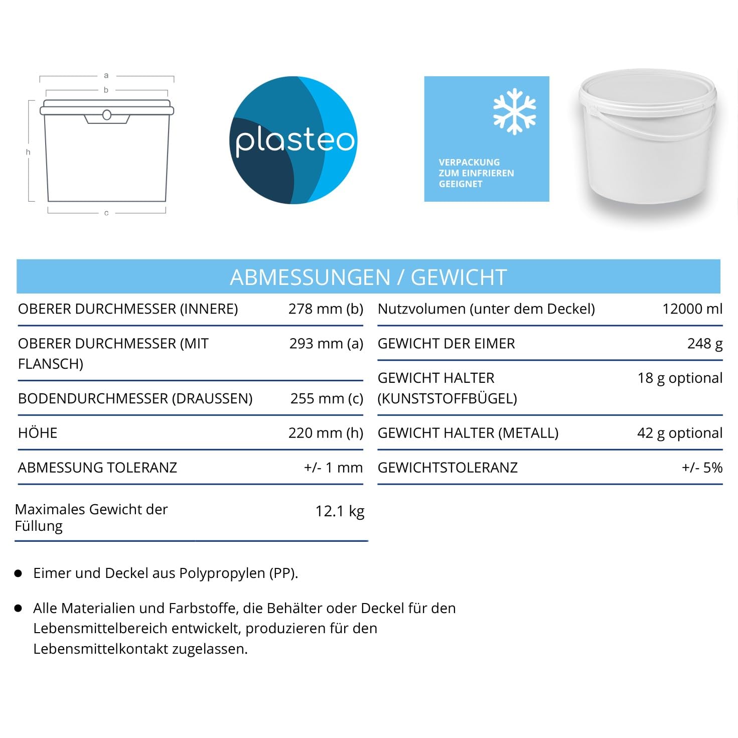 plasteo® Cubo de plástico vacío, color blanco, 5, 10, 20, 30 litros (30 unidades, 10 litros)
