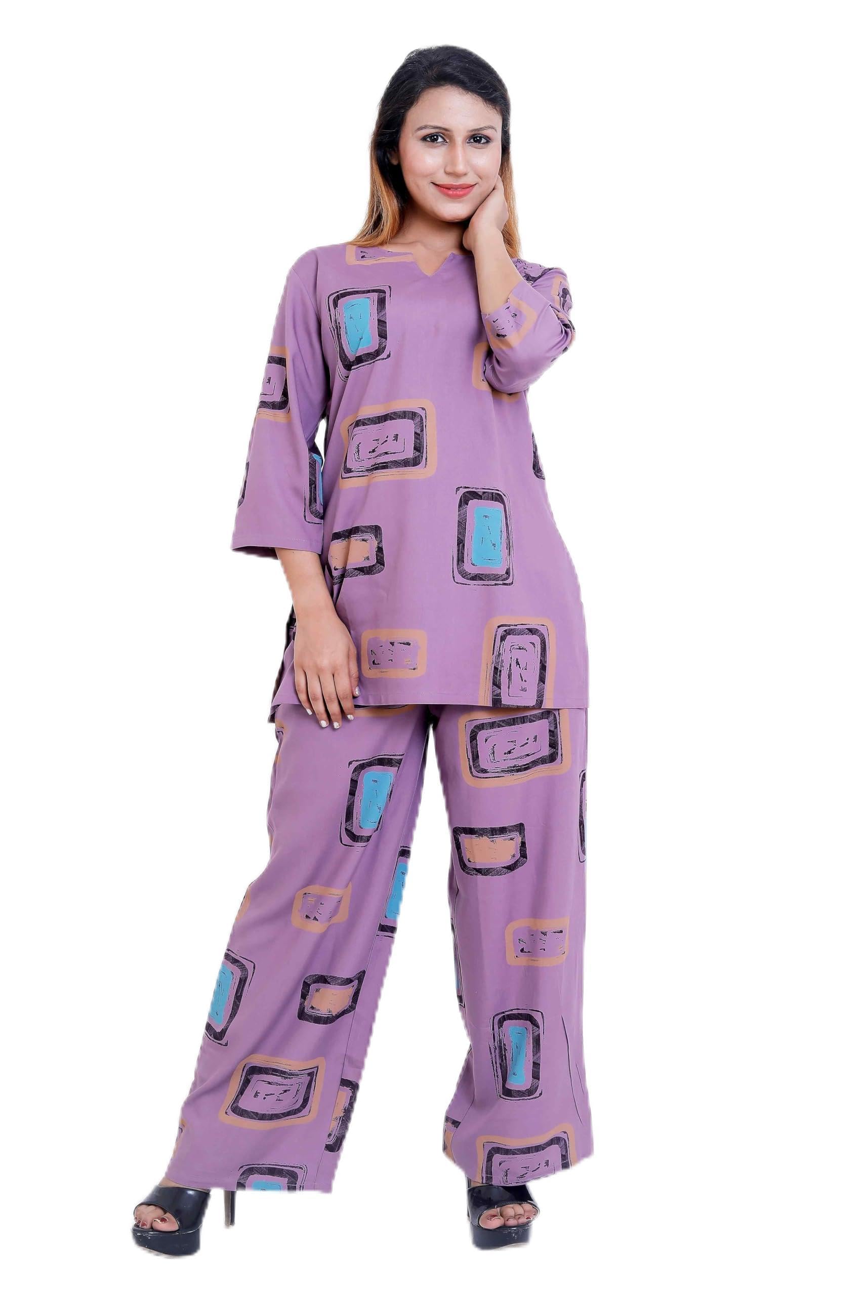 Women's Rayon Co-Ord Set | Graceful Floral Print Tunic with Notch Neckline & Three-Quarter Sleeves | Wide-Leg Palazzo Pants with Ombré Gradient | Casual Office Wear | W71-RVNP-CS-PRPL-1_S-image-36
