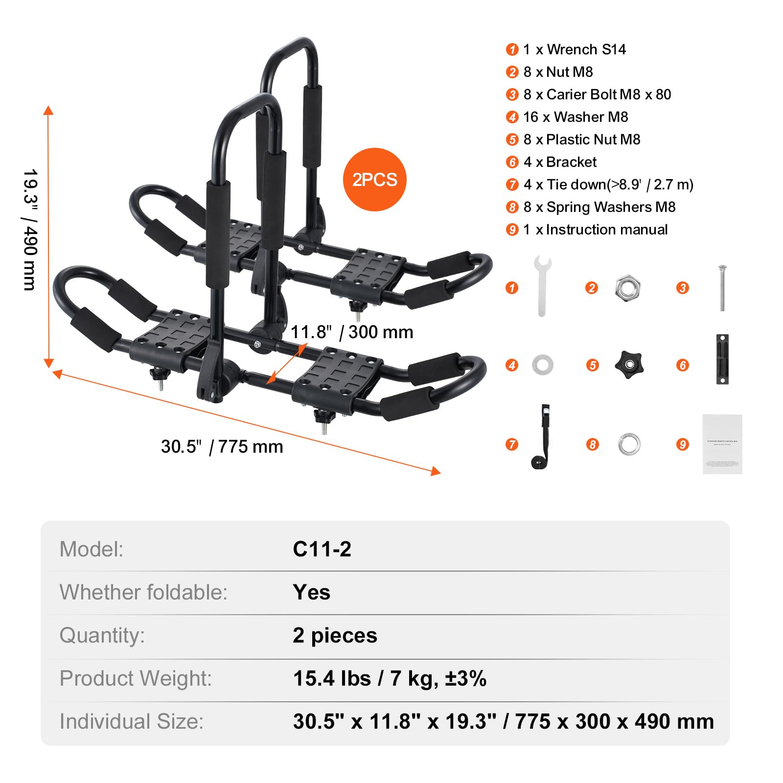 VEVOR Porte-Kayak pour Toit 1 Paire, Barres de Toit Souples en J, pour Kayak, Planche de Surf, Canoë, SUV