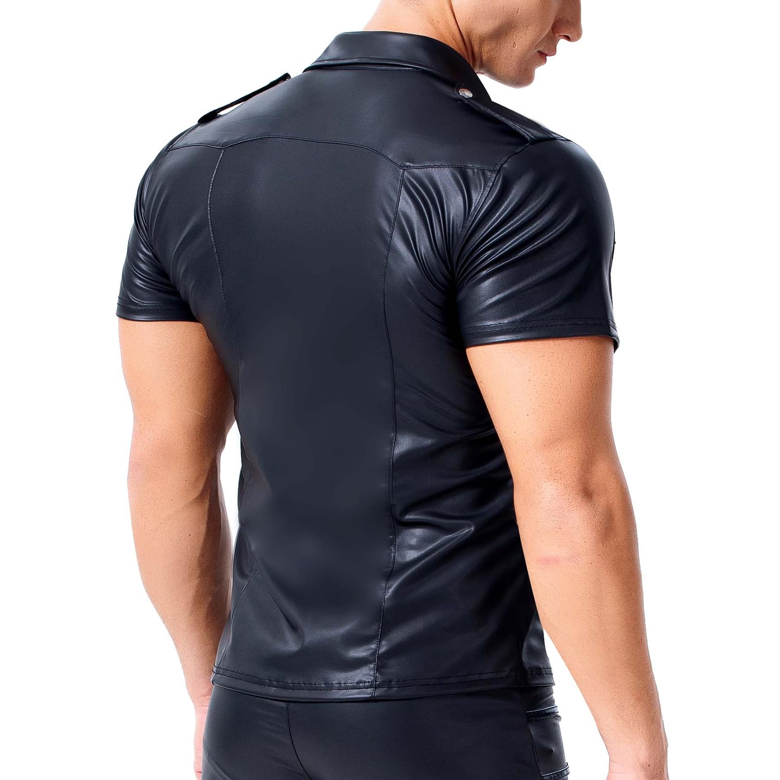 Chemise en cuir verni pour homme - Aspect laqué - T-shirt à manches courtes - En cuir synthétique - Avec boutonnière - Coupe ajustée - Latex brillant - Tops musculaires avec poches de poitrine