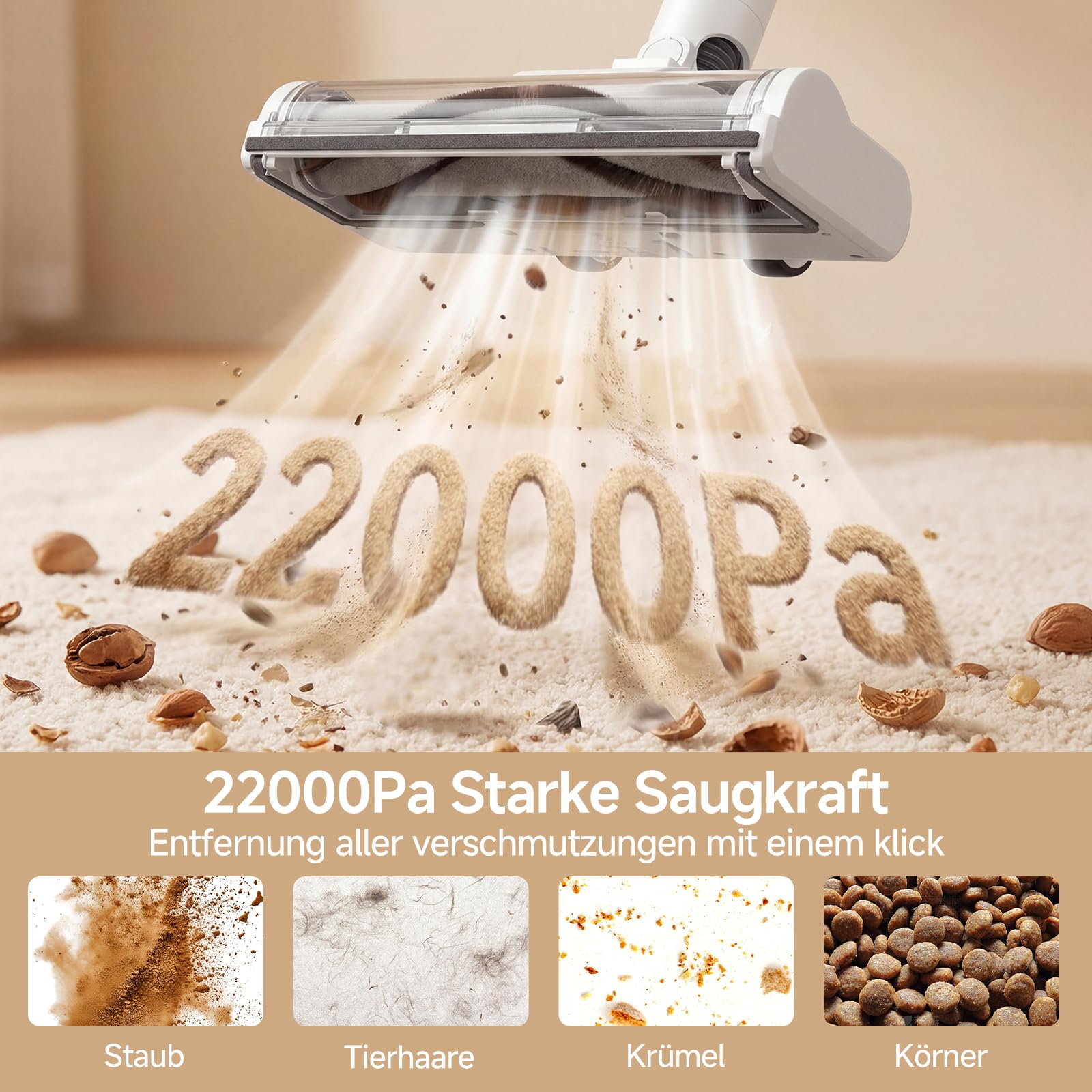 SIMPLUS Akku Staubsauger 22000Pa, 3-Stufen Saugkraft, LED-Display, 5-Fach Filterung, 40 Min Laufzeit, 0.7L Staubbehälter, mit LED-Bodenbürste & Wandhalterung, für Tierhaare/Teppiche/Hartböden