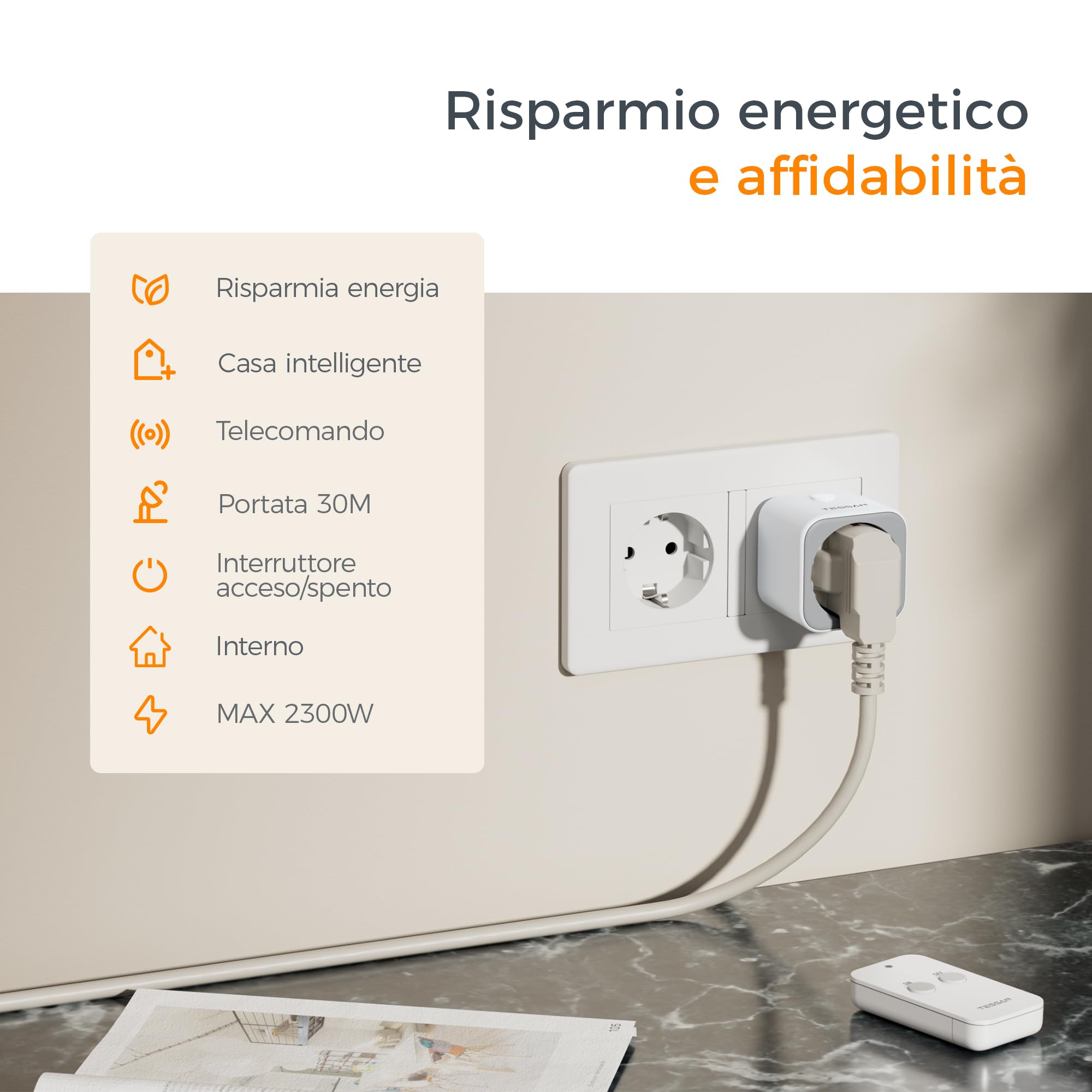 TESSAN Kit de Enchufes Inalámbricos, Enchufe con Mando a Distancia, Rango de Operación 30,5M para Adornos Navideños, Electrodomésticos y Lámparas, 2300 W, Blanco