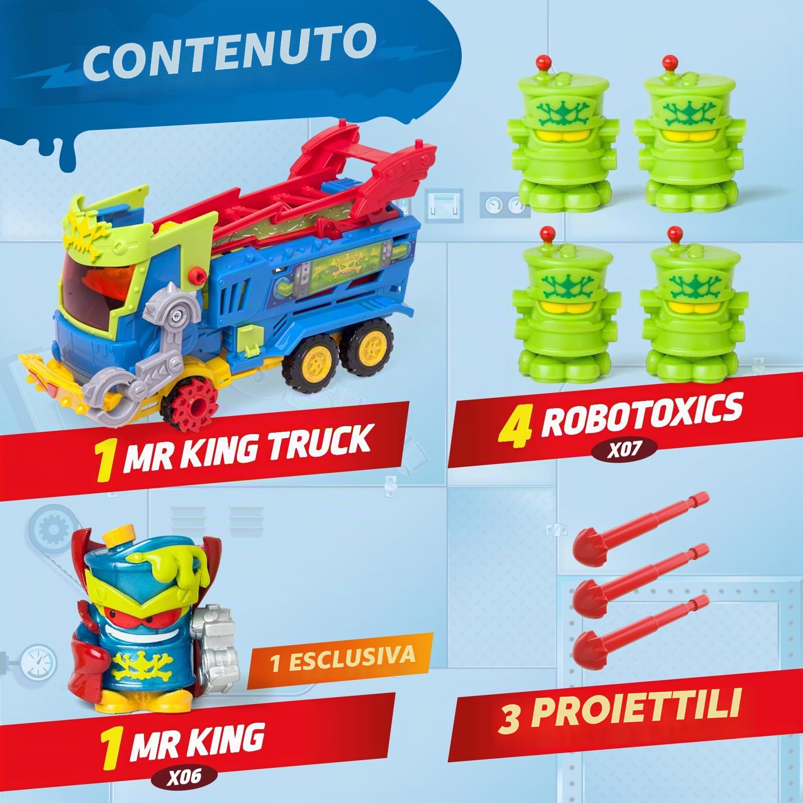 SUPERTHINGS KAZOOM Power - Mr. King Truck. Camion di Mr King della serie TV "Kazoom Power". Contiene 1 Mr King Truck, 1 Mr King Exclusive, 4 Robotoxics, 1 Trigger e 3 proiettili