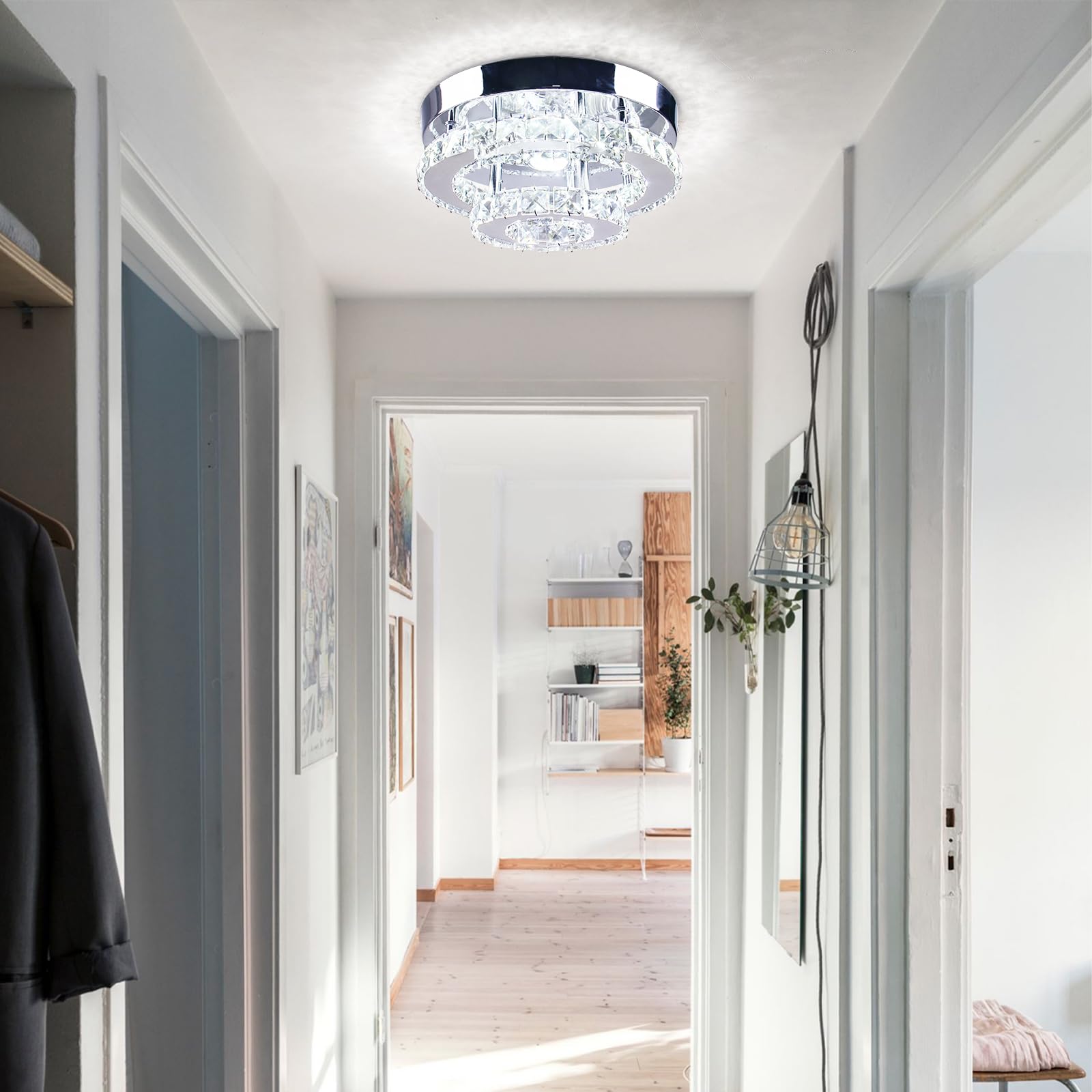 Lampadari Lampade Mini Lampadario LED Cristallo Plafoniera 2 Strati Rotondo Flush Mount Plafoniera Illuminazione Moderna Lampadario per Corridoio Scale Cucina Bagno (Dimmable)