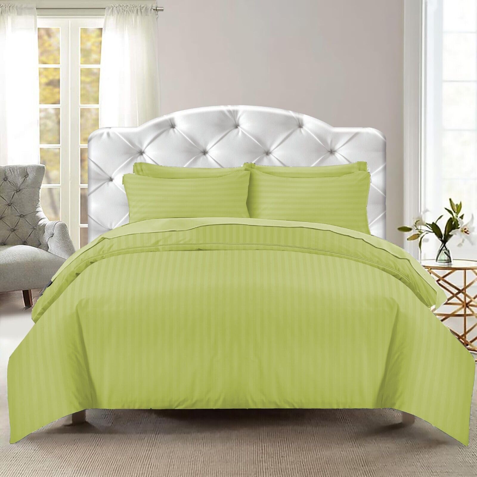 Brit House LUXURY HOTEL QUALITY STRIPED DESIGN SOFT POLYCOTTON DUVET QUILT ANTI ALLERGY SKIN FRIENDLYBED COVER BEDDING SET WITH MATCHING PILLOW COVERS (Olive Green, Double)
