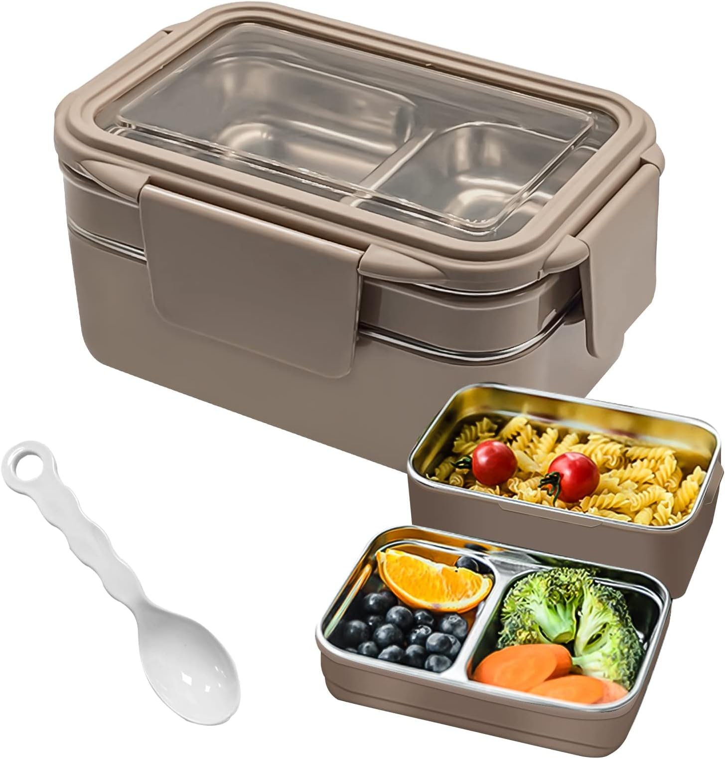 UCHUANG Bento Lunch Box for Adults & kids, Reusable Stainless Steel Meal Box, Leakproof Food Storage Containers with 2 Layers Divders,Suitable Freezer Dishwasher,Healthy Lunches & Snacks - Khaki