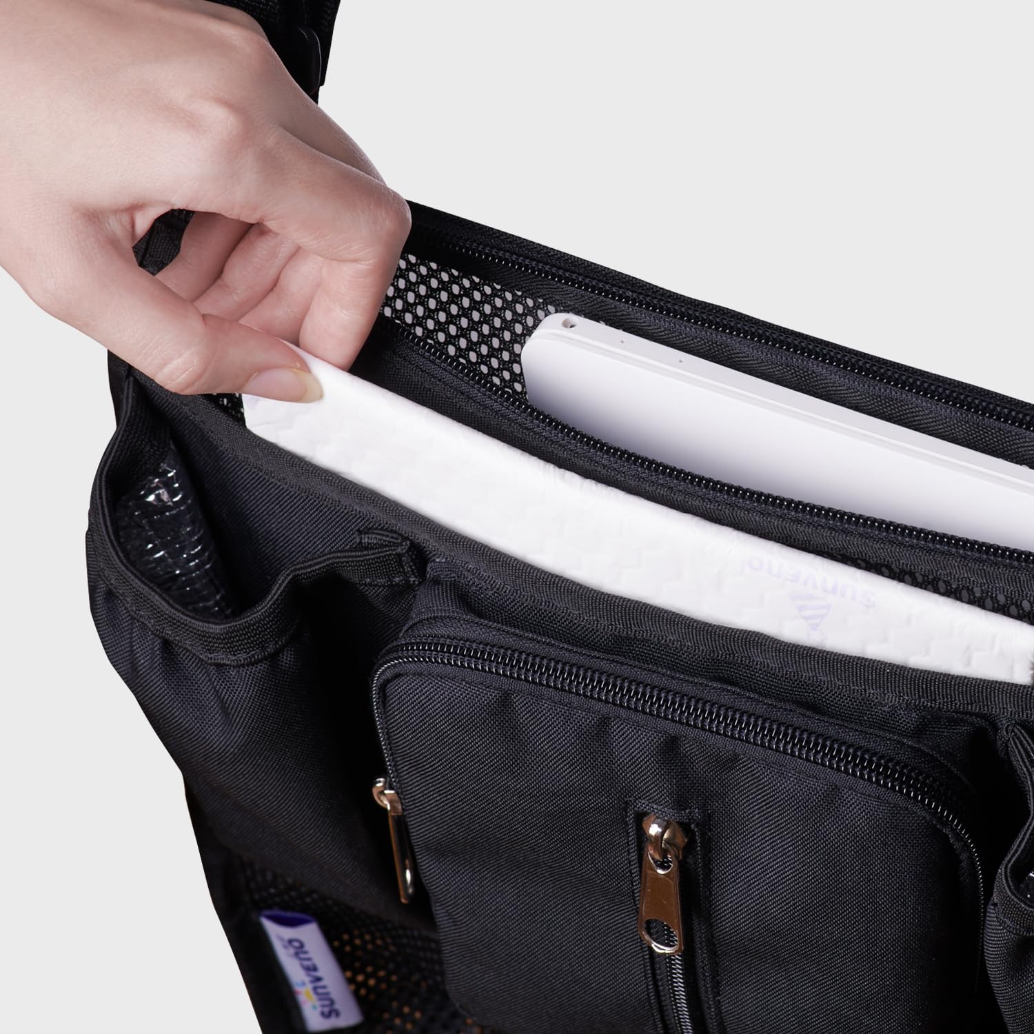 SUNVENO Organizer universale 2 in 1 per passeggino, portabicchieri isolati, tasca per telefono/polso con cerniera, tracolla laterale in rete, cinghie antiscivolo regolabili, si adatta alla maggior