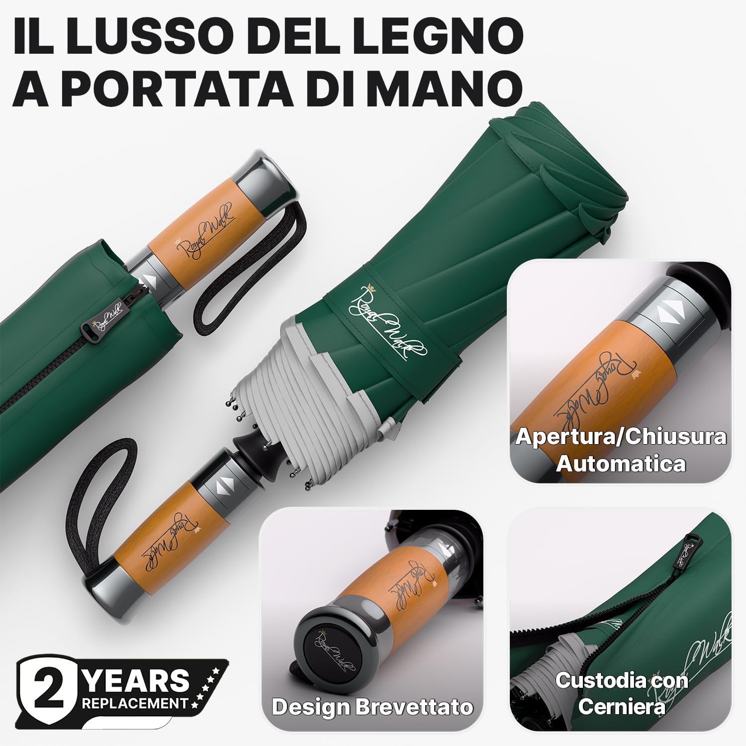 Royal Walk Ombrello da viaggio pieghevole antivento, compatto e resistente, con manico in vero legno, apertura automatica, chiusura automatica, doppia tettoia per uomini e donne, Verde scuro, L,