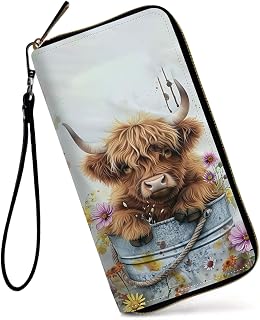 Womens Wallet, Large Capacity RFID Blocking PU Leather Wristlet Wallets Cute Highland Cow Design for Women Ladies Men Credit Card Holder Zipper Wallet Phone Holder Clutch Travel Purse