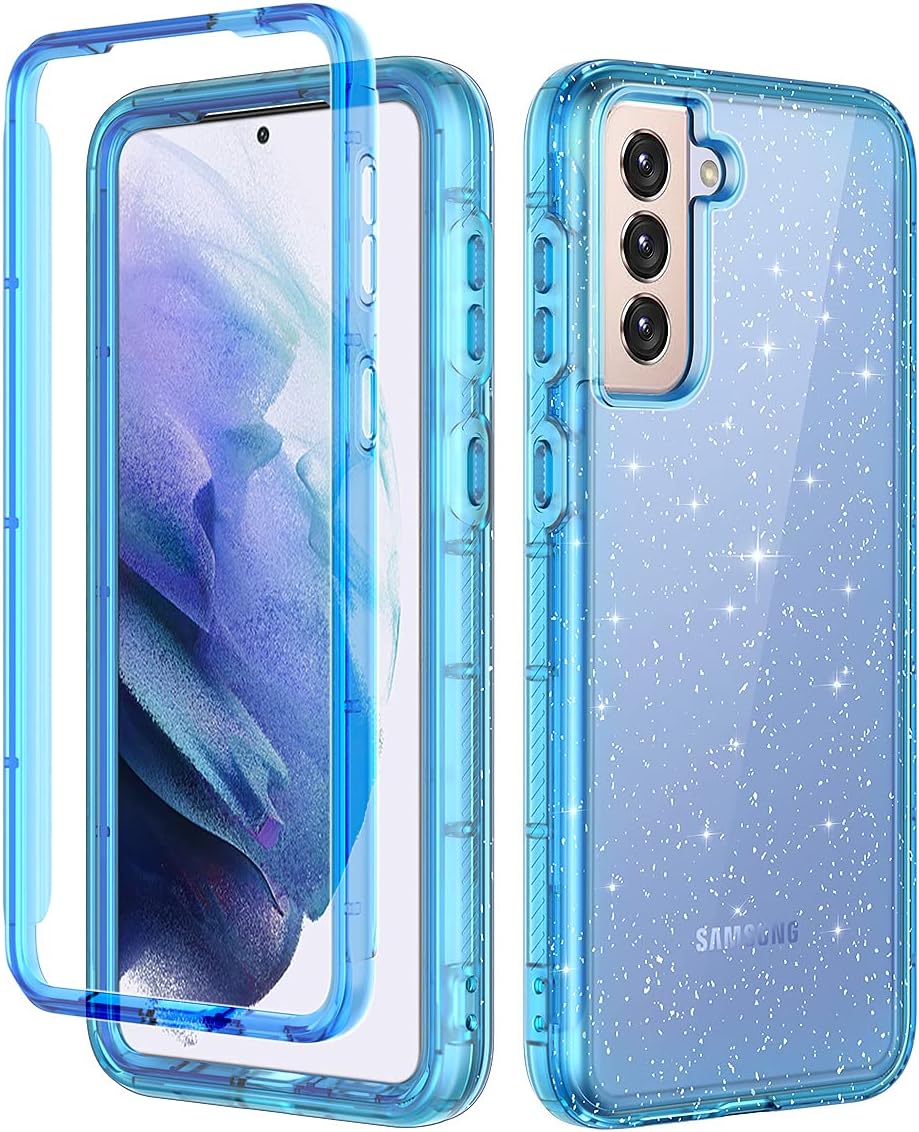 LONTECT for Galaxy S21 5G Case Glitter Clear Sparkly Bling Rugged Shockproof Hybrid Full Body Protective Case Cover [Without Screen Protector] for Samsung Galaxy S21 5G 6.2 2021, Blue Clear Glitter