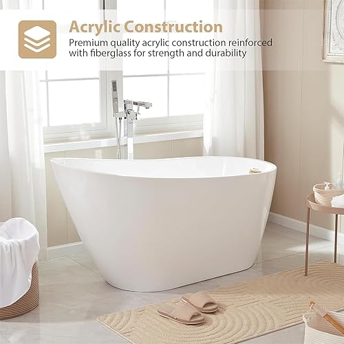 Miniatura 4 de Vanity Art Bañera independiente de 55 x 28 pulgadas, bañera de acrílico blanco, moderna bañera de remojo sola con desbordamiento ranurado