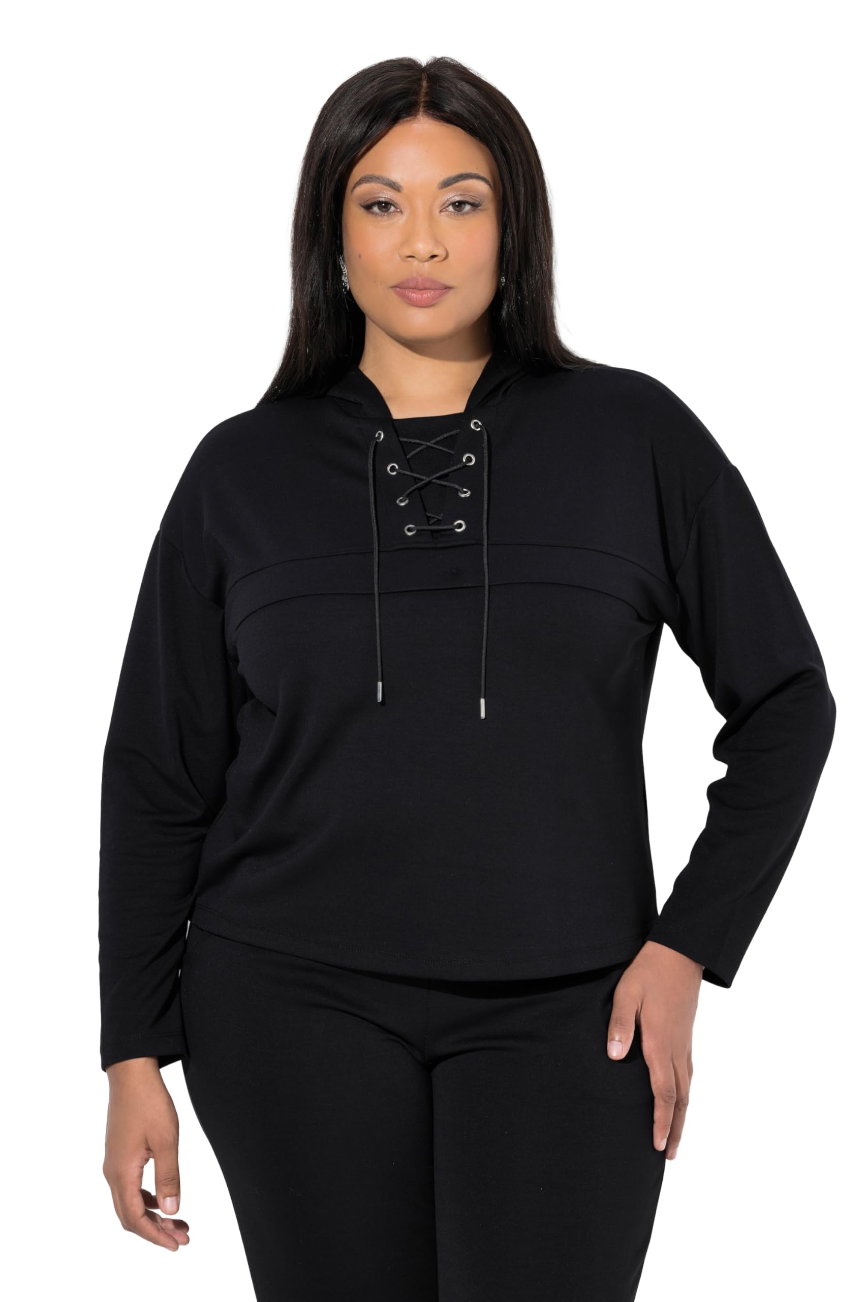 Ulla Popken Damen große Größen Übergrößen Plus Size Hoodie, Schnürung, Kapuze, Quernaht, Langarm 847419