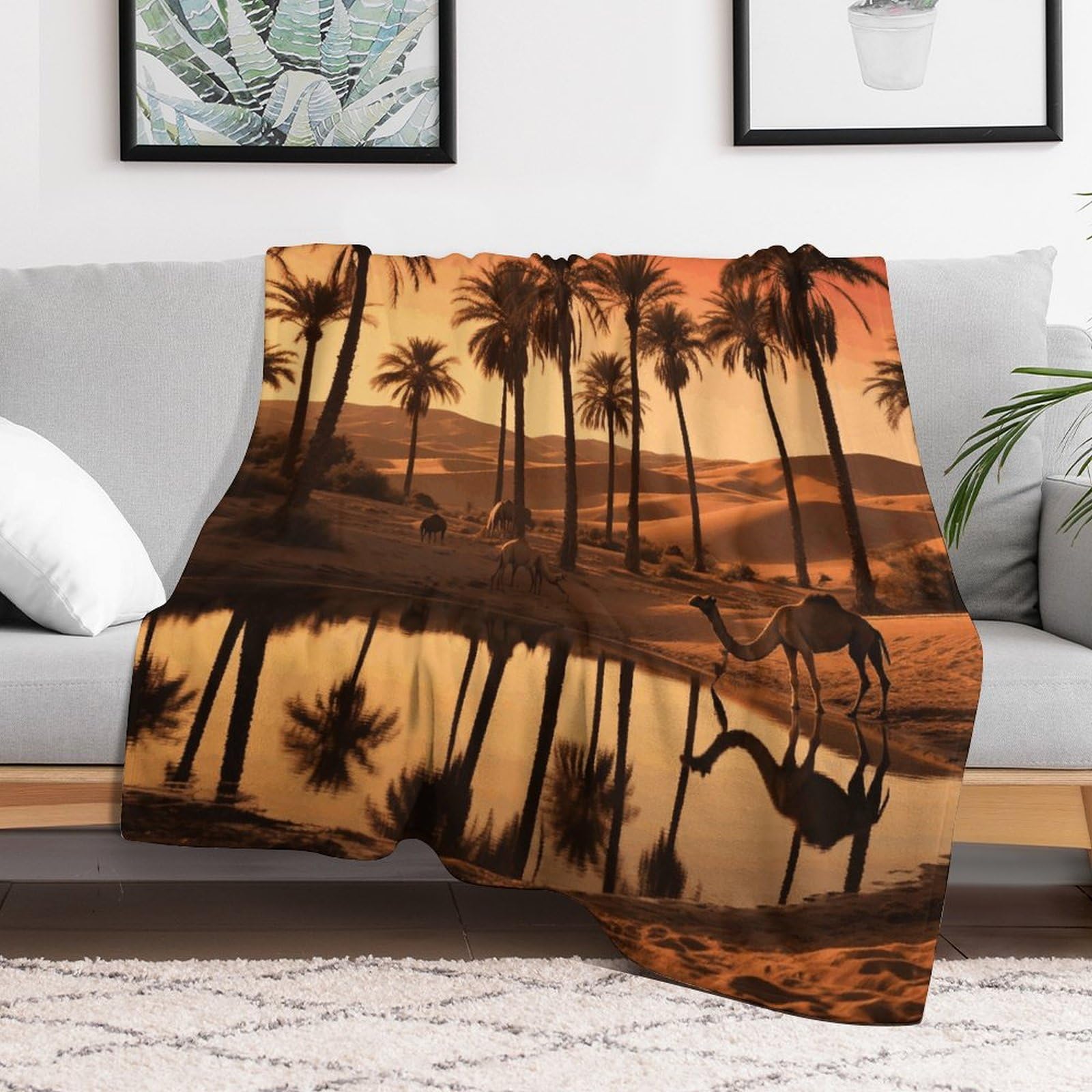 Custom Plam Tree and Sunset Blanket Lightweight Flannel Fleece Throw for Couch Sofa Bed Luxury Soft Cozy Plush Lap Bedtime Blanket for All Seasons Bedroom Home Decor Gifts 60x80