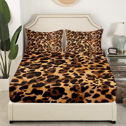 Homewish Sábana bajera ajustable con estampado de leopardo marrón, decoración de lujo para habitación de niños y niñas, funda de cama abstracta de
