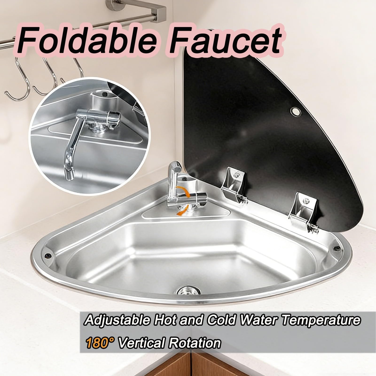 Fregadero Portatil Camping Plateado, Material de Acero Inoxidable 304, Lavabo Caravana con Grifo Plegable y Tapa, Cubeta Individual para Remolques y Caravanas