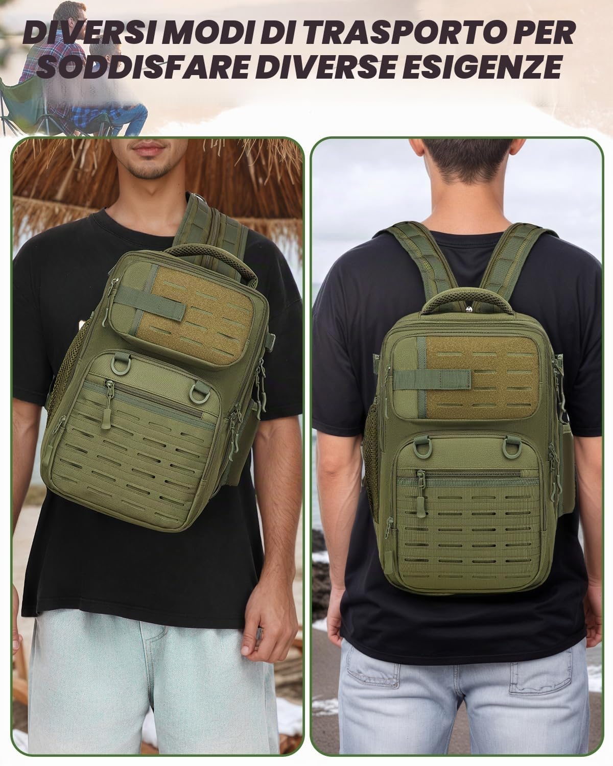 Zaino da pesca 2 in 1 con supporto per canna da pesca, 25 l, tattico, borsa a tracolla militare, per pesca, escursionismo