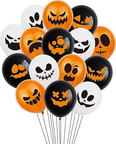 TUWUNA Decoración de fiesta de Halloween, 60 globos de Halloween, globos de látex de 12 pulgadas, 15 estilos de globo de calabaza y cara de fantasma