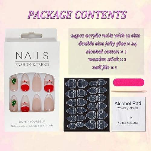 Miniatura 6 de Uñas postizas medianas a presión con forma de almendra, lindas uñas postizas con pegamento de Papá Noel, copos de nieve, punta francesa, uñas