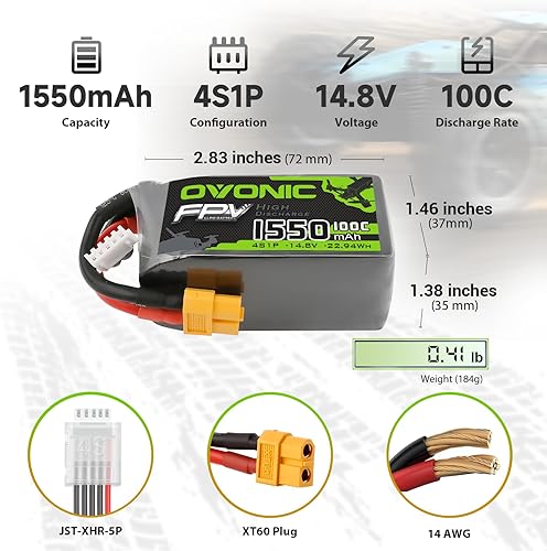 Miniatura 2 de OVONIC 4s Lipo Batería 100C 1550mAh 14.8V Lipo Batería con XT60 Conector para RC FPV Racing Drone Quadcopter